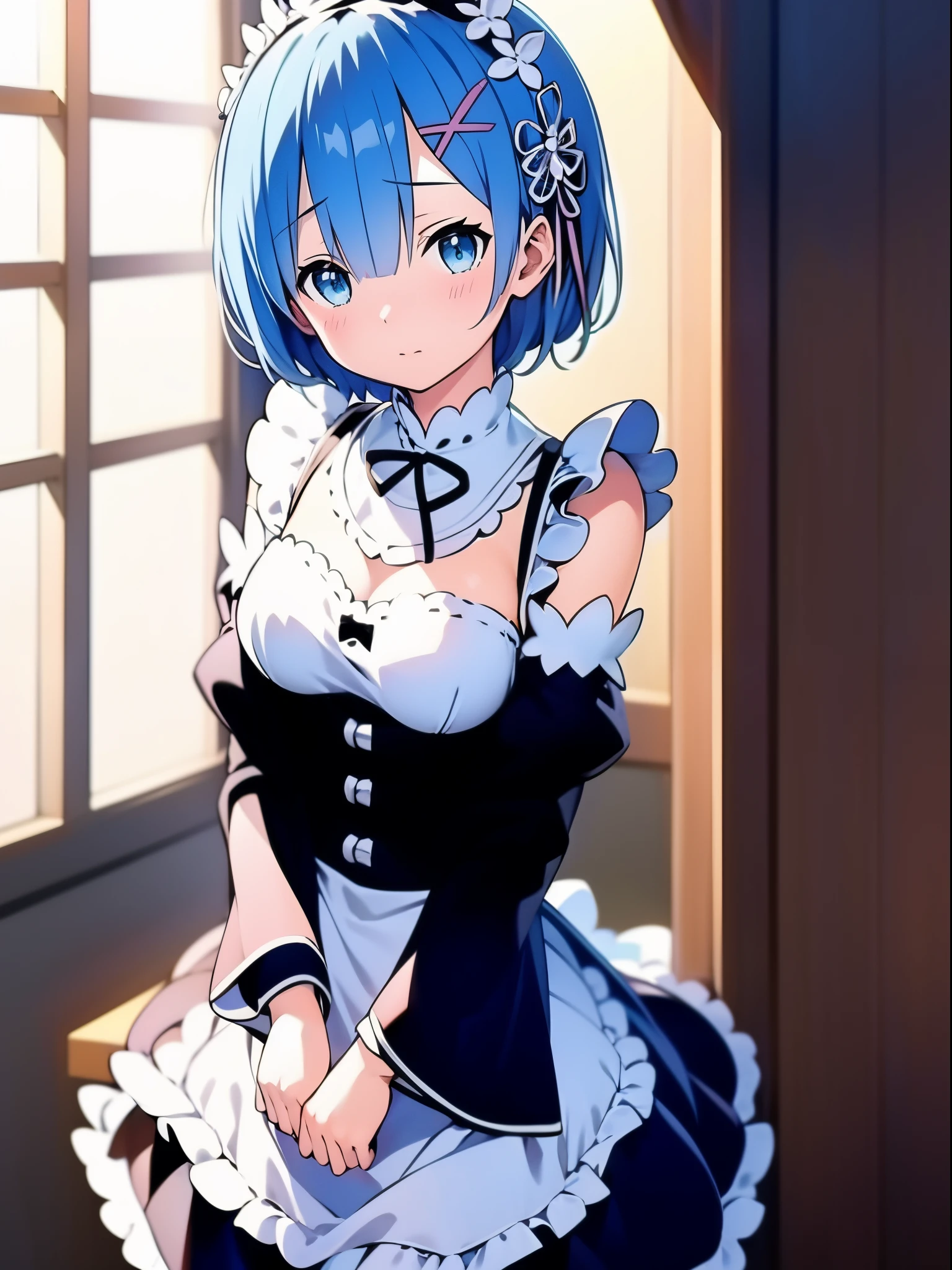 masterpiece, best quality, rem_re_zero, solo, blue hair, 10yo, (petite),
 smile, maid uniform, standing, (open clothes), nipples, medium breasts, garden,