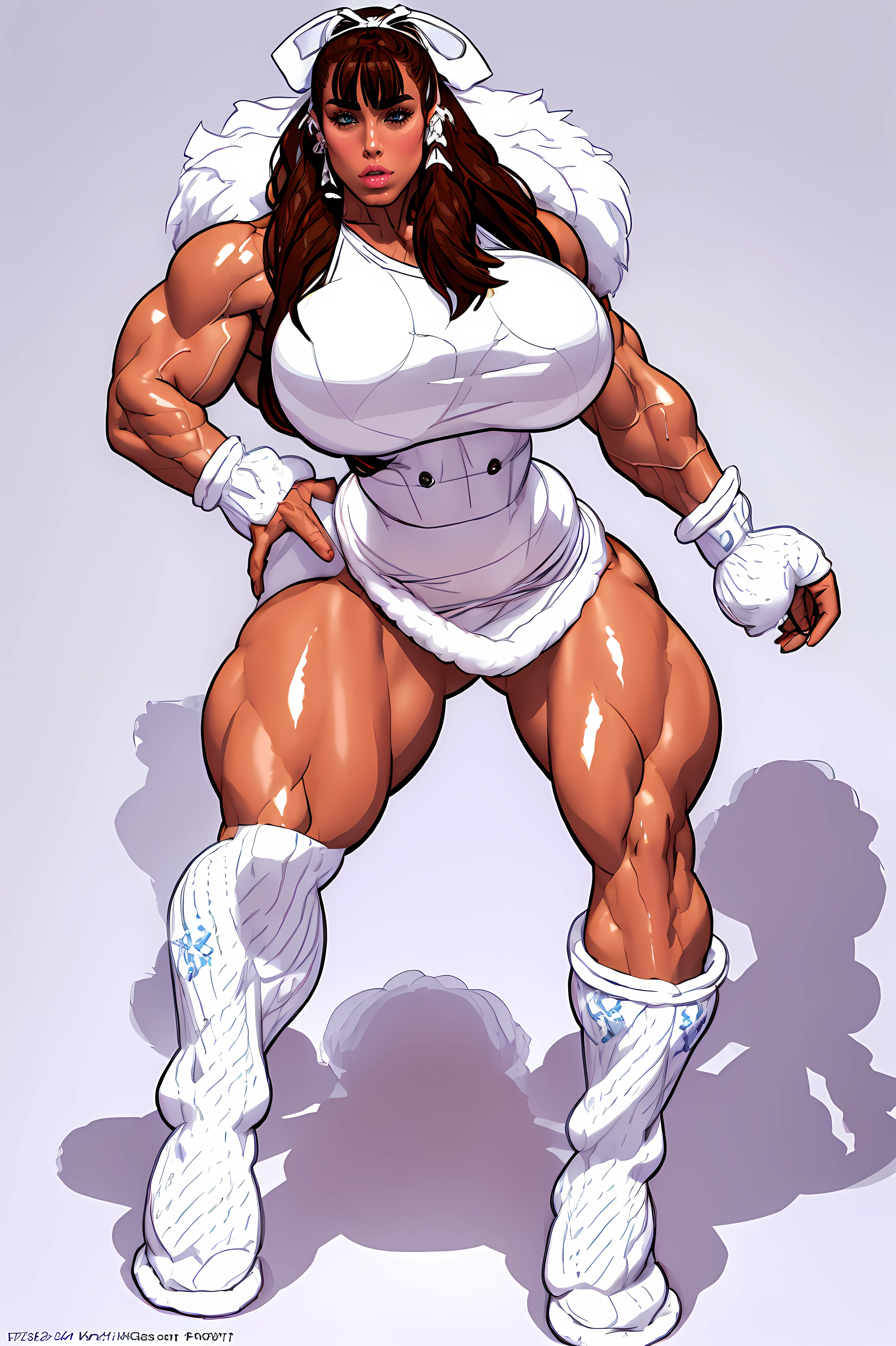 ((masterpiece)),(((best quality))), ((full body view)) ((native american girl)) mature face, defined cheekbones, high cheekbones, illustration, native girl, muscular, ((detailed face:1.4)) beautiful woman, (Fringe clothing:1.4), (thick fur leg warmers:1.6), (beaded moccasins:1.4) (ribbon dresses:1.3) , shiny skin, scribbles and marks,(puffy lips:1.4) , gigantic breasts, 8k,16k, (simple background, white background: 1.3) white and blue color palette, brown legs, brown arms, brown face, ((((huge muscles))))