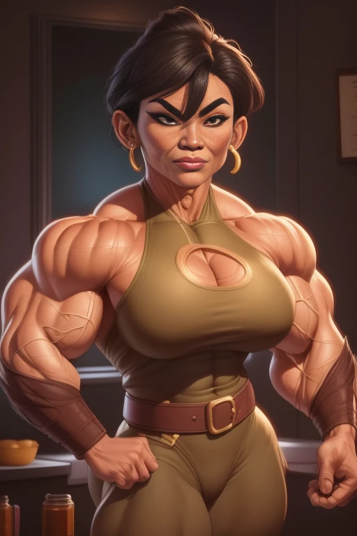 pixarstyle a waist-length portrait of a mature chinese muscle woman in a bronz superhero outfit, kitchen, natural skin texture, 4k textures, hdr, intricate, highly detailed, sharp focus, cinematic look, hyperdetailed,  muscle woman, big muscles, huge muscles, massive muscles, mature woman