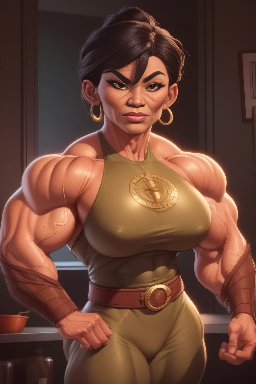 pixarstyle a waist-length portrait of a mature chinese muscle woman in a bronz superhero outfit, kitchen, natural skin texture, 4k textures, hdr, intricate, highly detailed, sharp focus, cinematic look, hyperdetailed,  muscle woman, big muscles, huge muscles, massive muscles, mature woman