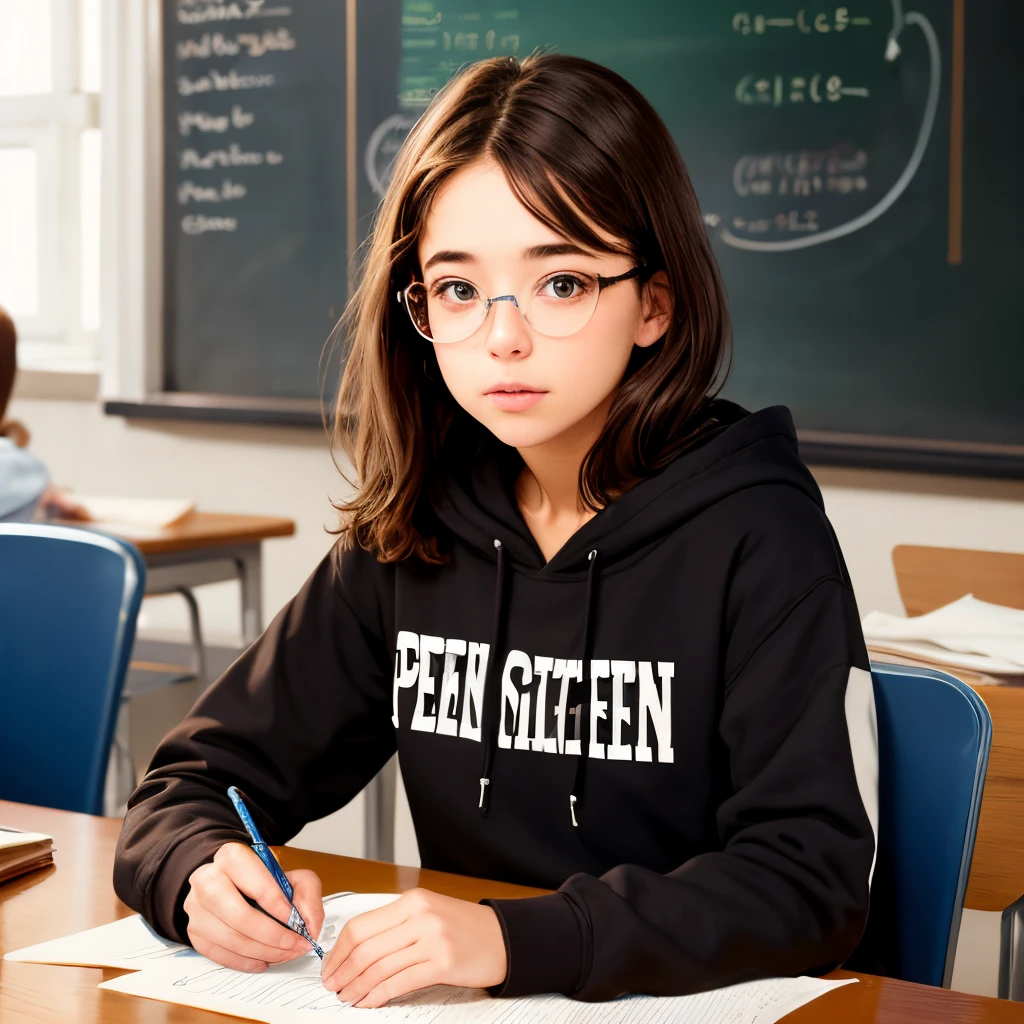 teenage girl, dark brown hair with highlights, dark brown eyes, clear glasses, penn state hoodie, in math class, pixar