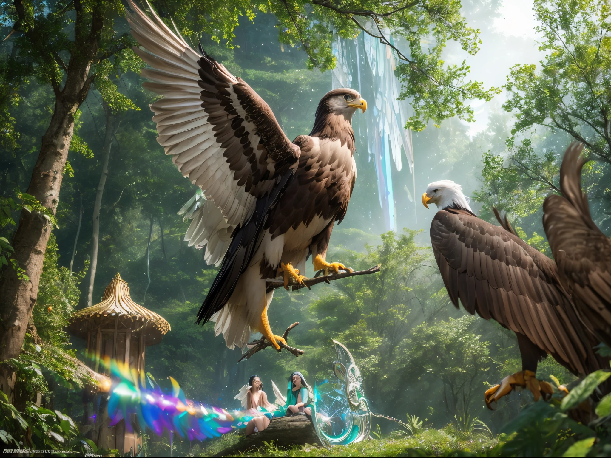 In a mystical forest, an enchanted eagle with shimmering, iridescent feathers guards a portal to a magical realm. Elves and fairies gather around, in awe of the majestic creature.