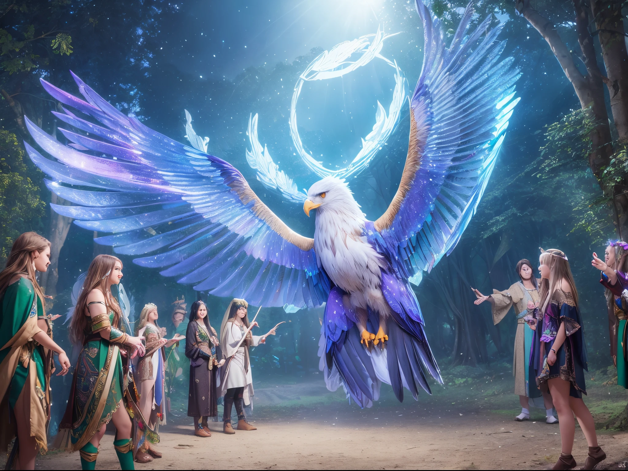 In a mystical forest, an enchanted eagle with shimmering, iridescent feathers guards a portal to a magical realm. Elves and fairies gather around, in awe of the majestic creature.