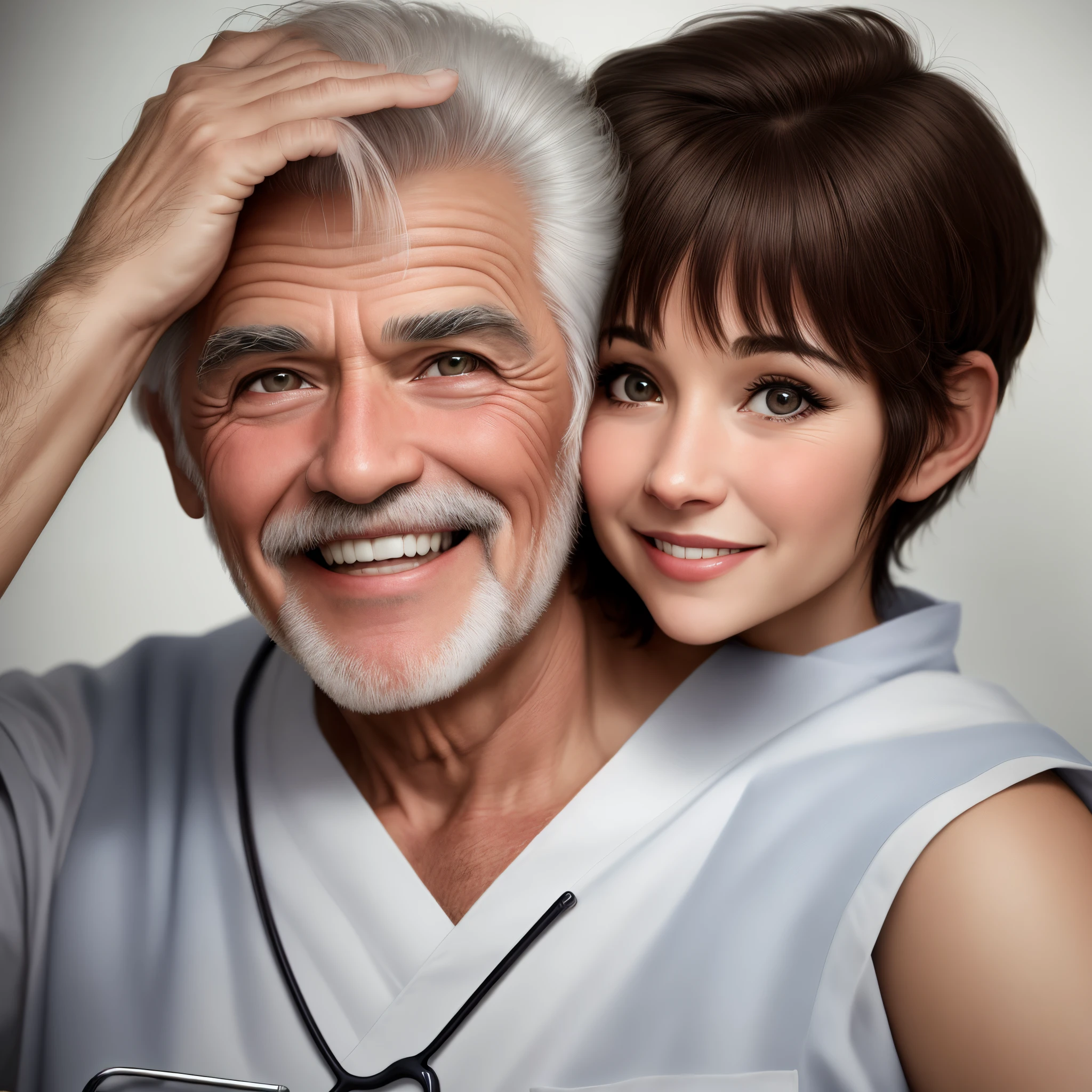 Um homem de 60 anos, cabelos curtos grisalhos, curso arrepiado, algumas rugas, with doctor's avental, olhos pequenos castanhos, Thin medium nose, medium mouth, feliz