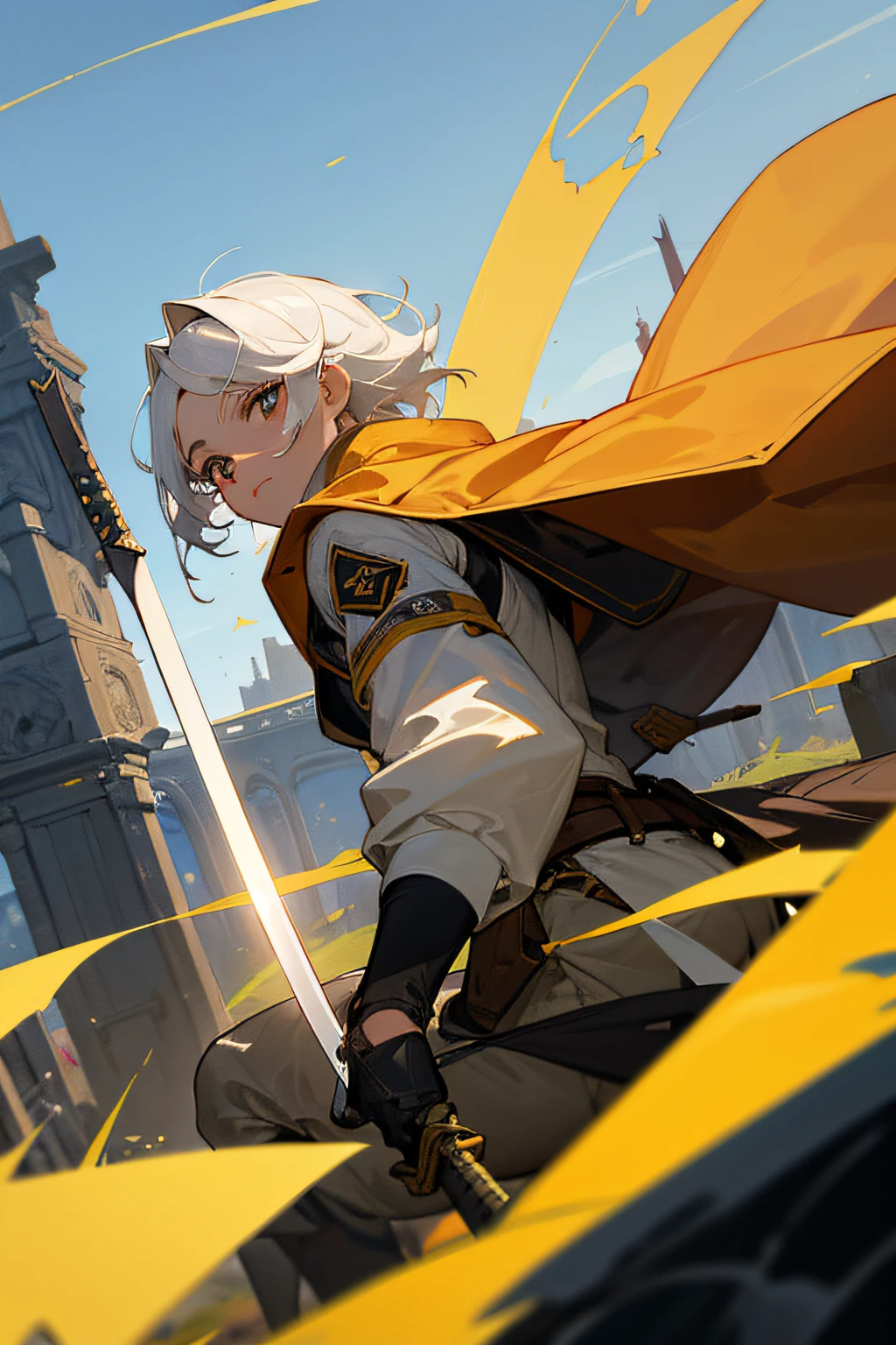 Jovem espadachim de armadura leve, wielding a two-handed sword, His eyes are golden, Your hair is white, The terrain around you is in ruins and these ruins are floating, o jovem guerreiro estar com um olhar determinado, imagem de alta qualidade, looking directly at the viewer
