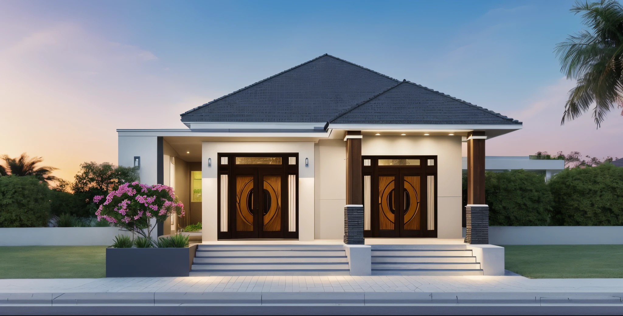 Ultra-realistic 8k, hd image quality, sharp detail, 2-story modern house, main materials: white walls, wooden ceiling accents, large glass windows, roads, cars, sidewalks, American Palm trees high, has a small alley, located in a residential area, modern style, shimmering sky, sunset light, feels peaceful, beautiful, close and warm, ((Warm light from indoor:1.3)), (daylight:1.2), perfect lighting,dynamic light,2 large glass doors,(((1 large glass window:1.3))), (night light), (colorful flowers in front of the house)