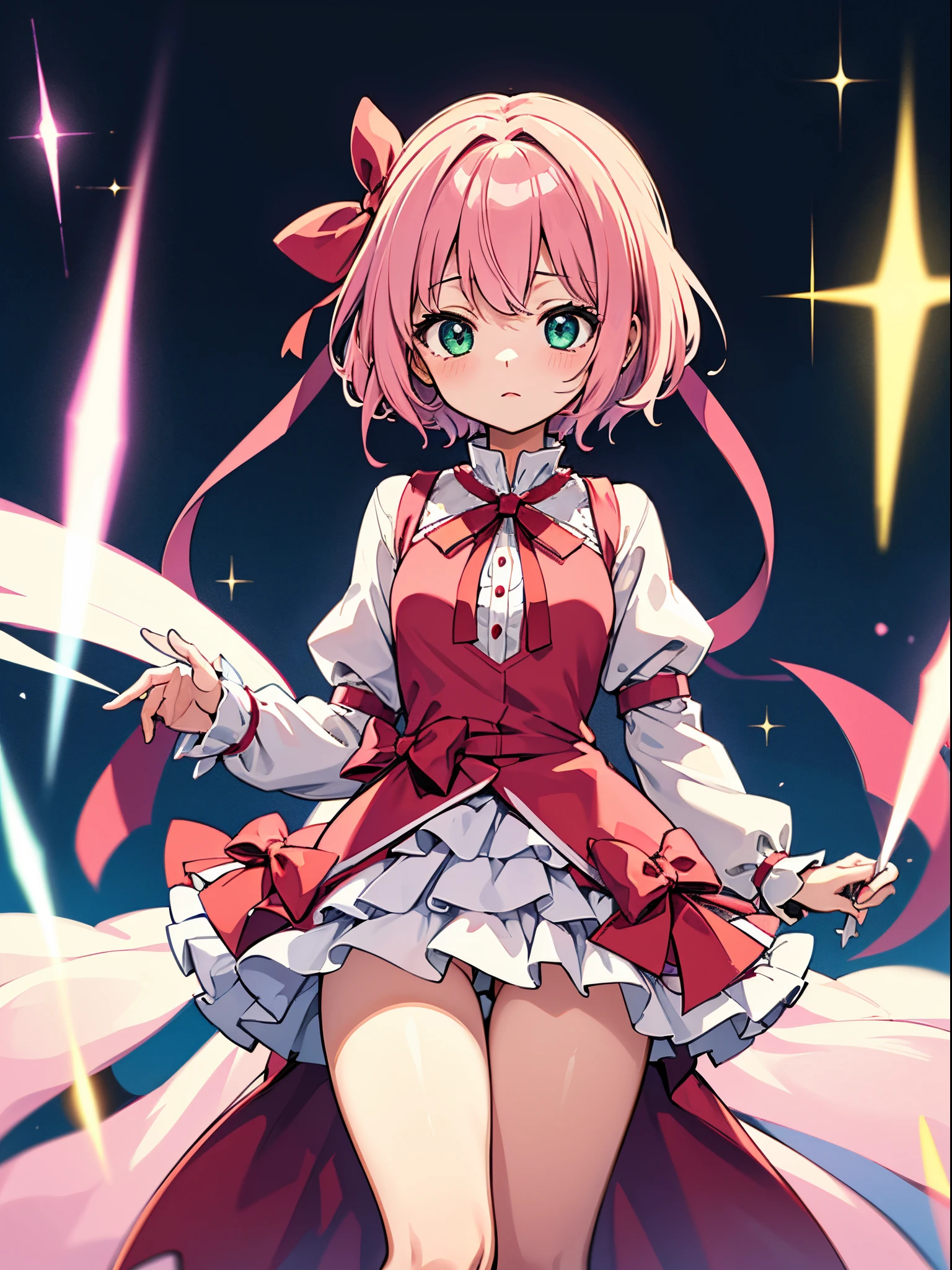 magical  girlまどか☆マギカ　　Madoka Shikame　A pink-haired　bright pink color　short-hair 　big red ribbon　The ribbon is tied at the back、校服　magical littleEye color is green　sitted, Open your legs。