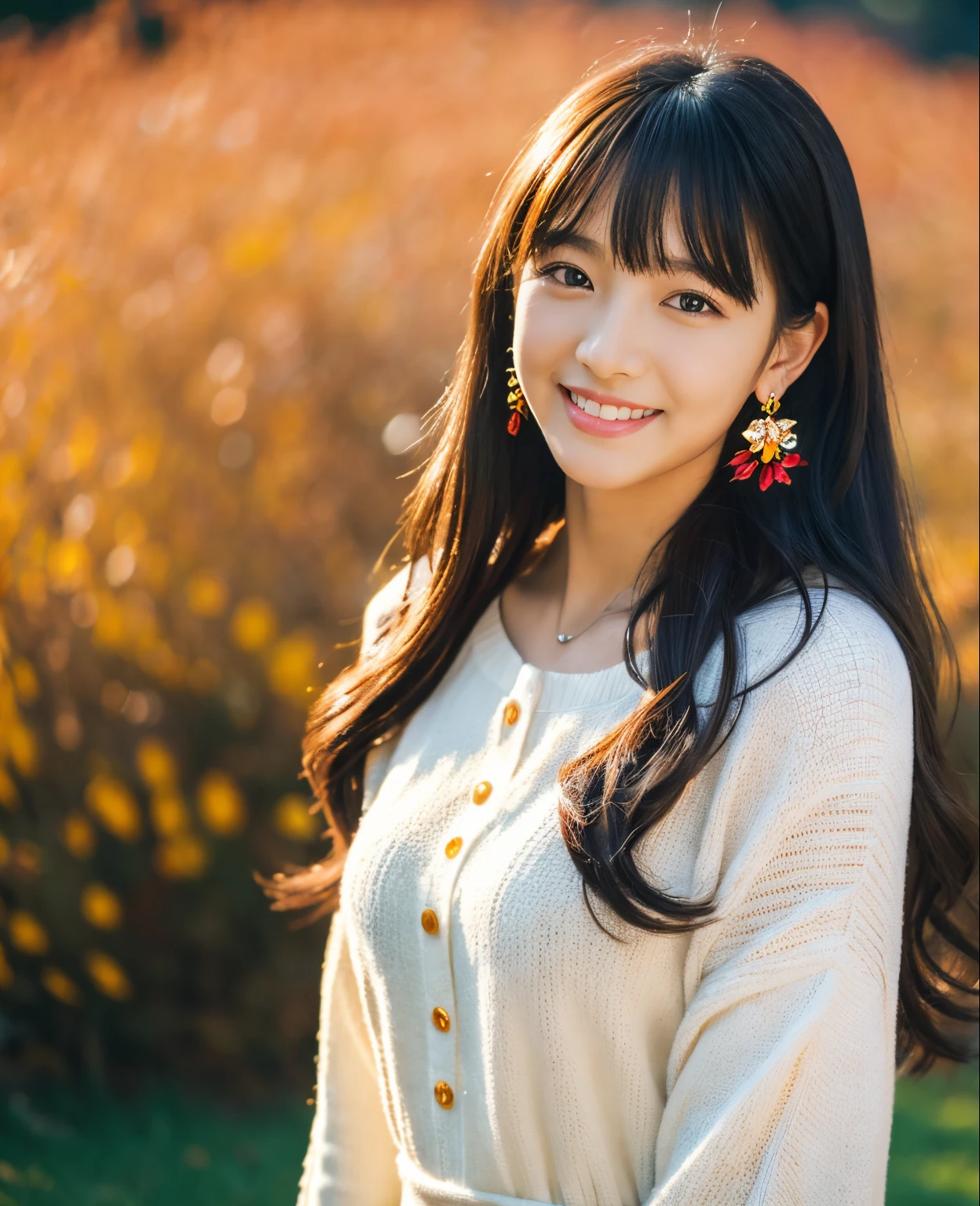 ((Masterpiece)), 8k, Masterpiece, Highest Quality, 1 Girl, Solo, Realistic, Autumn Garden, Photorealistic, Super Detailed, Detailed Background, (Solo: 1.4), Happy Expression, Slender Body, Realistic Highly detailed long hair, intricate details , masterpiece, top quality, waist shot, (colorful flower field background)), smile, ((looking at camera)), earrings, long straight black hair, asymmetrical bangs, natural chest,