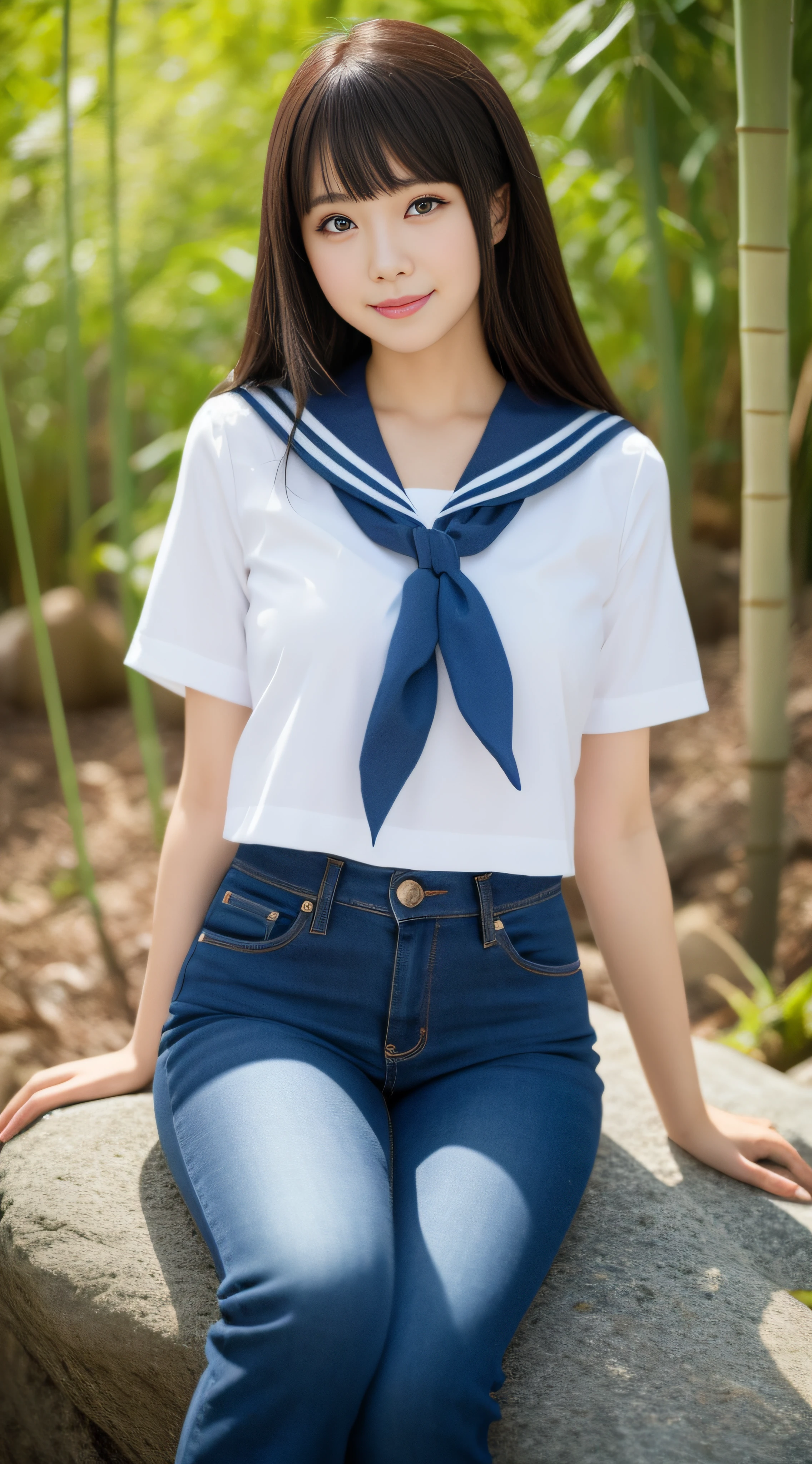 a pregirl,30-years old, ssmile, looking at viewert, Sailor Suit M,Skin Tight Jeans, Photore, realisticlying, best qualtiy, employee, 详细的脸, Sitting on a big rock in the middle of a bamboo forest, diffuse lighting, depth of fields, Background bokeh