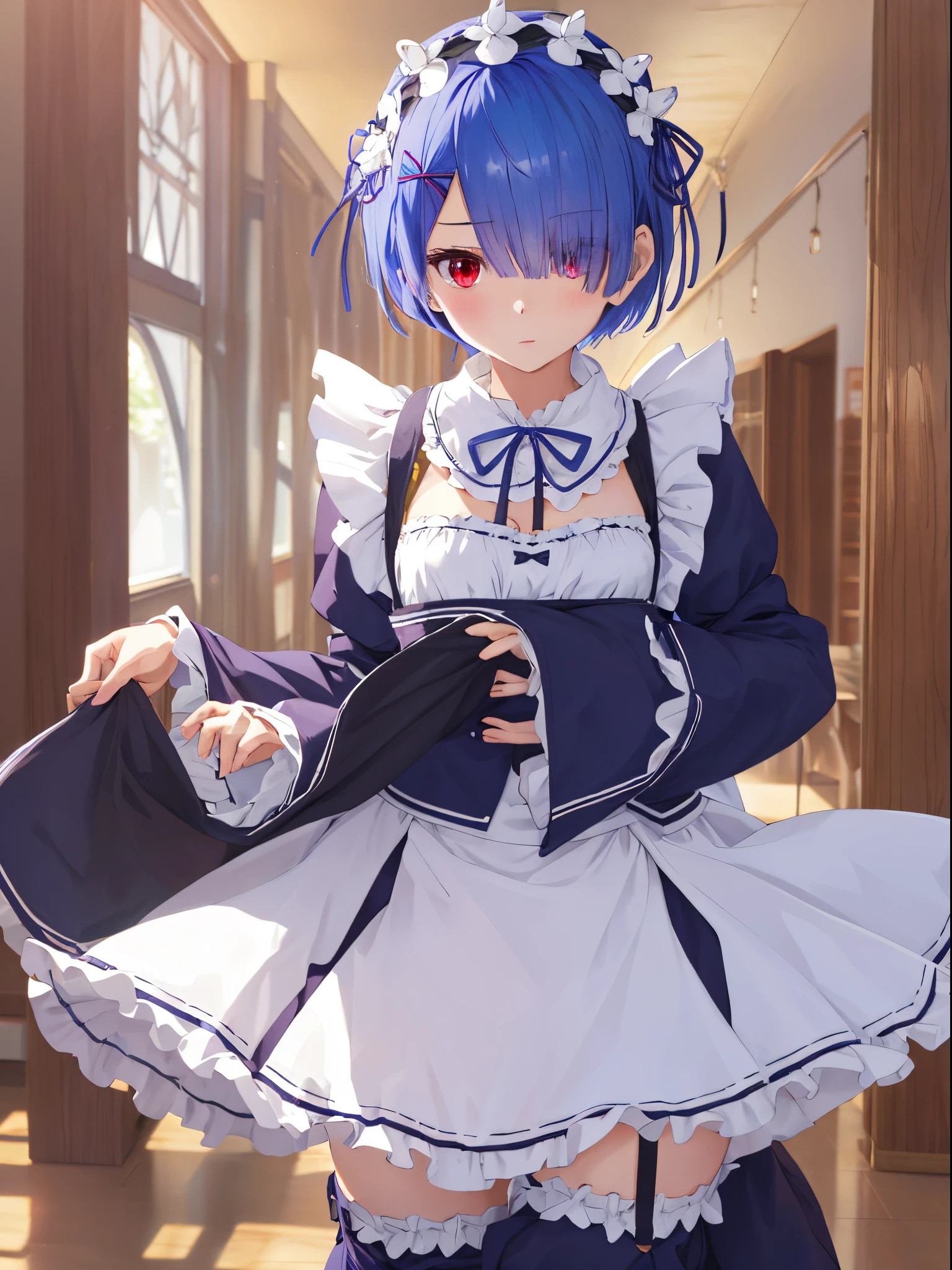 masutepiece, Best Quality, hight resolution, ram1, 1girl in, Solo, Remu \(Re:Staynight\), Blue hair, white thighhig, Short hair, Red Eyes, Hair over one eye, Ribbon trim, Hair Ribbon, X Hair Ornament, frilld, Maid headdress, Waist apron, garter strap, a black ribbon, medium breasts, cleavage, Long sleeves, White Apron, Neck ribbon, Purple Ribbon, Wide sleeves, Hair Flower, Indoors, Spread your legs、Show your pants、Raise the skirt、(((while standing, Lift your skirt to show your panties to the camera)))、(((Lift the skirt bigger and bigger,、Show your panties to the camera)))