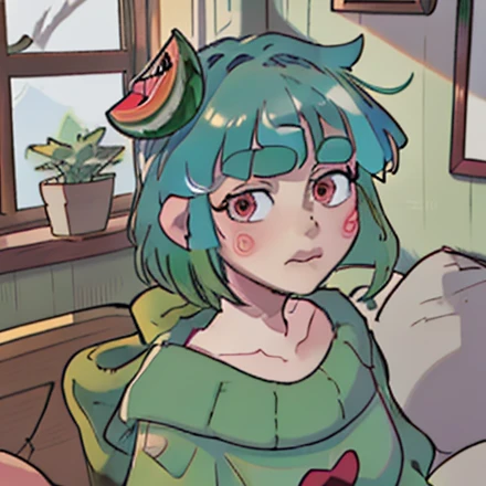 , Masterpiece, Highest Quality, Highest Resolution, The perfect background, Perfect perspective, clear image, perfect details, perfect lighting, Perfect shadows, perfect lighting, Best Background,
Vannamelon, green hair, red eyes, hair ornament, Food-themed hair decoration, tattoo, blues, Green sweater, Indoors,