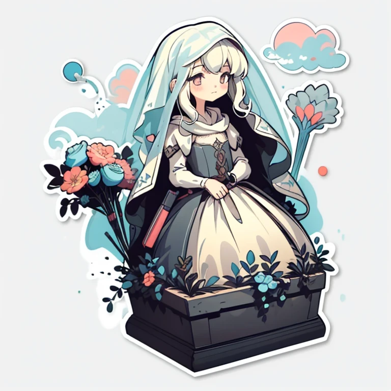 1 sticker, handbook, (sticker, 1 girl, medieval heavy dress, moon. veil, bouquet elements), watercolor, white background, simple background, minimal, cute, tiny, pastel color, vector style, no gradient,