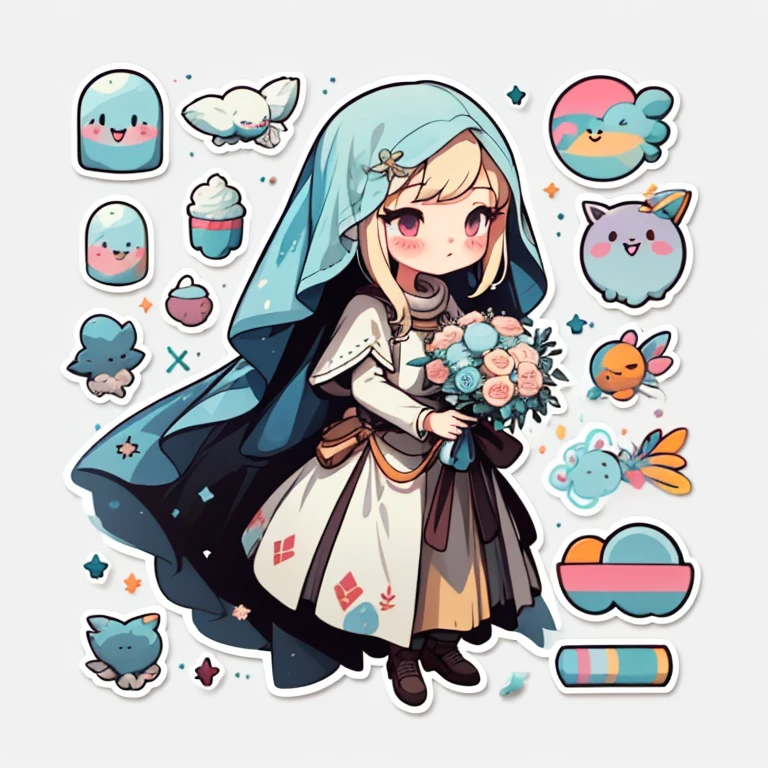 1 sticker, handbook, (Sticker, 1 girl, Medieval heavy dress, luna. veil, bouquet, Separating elements), watercolour, whitebackground, Simple background, minimal, Cute, tiny, Color: pastel colors, vector style, No gradient,