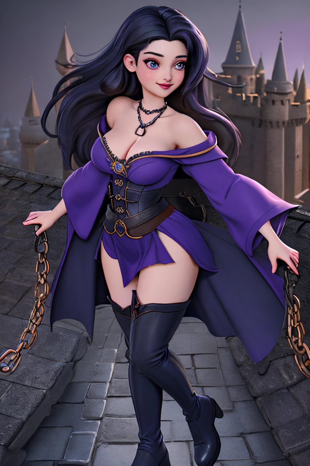 close up 1girl in, 20years, Solo, Aesthetic artwork, long dark blue hair, thick dark blue hair, light blue eyes, clear skin, pale skin, massive breasts, DD-Cup, cleavage, fit body, (round hips, thin waist: 1.25), (Sirius face, dark lipstick, mischievous smile:1.1), key necklace, (wearing full length robes purple, corset, bare shoulders, thigh high boots, chains:1.1), (detailed Castle roof background:1.1), rooftop, overlooking medieval city, 24mm, 4k textures, soft cinematic light, RAW intricate, elegant, highly detailed, sharp focus, ((((cinematic look)))), soothing tones, insane details, intricate details, hyperdetailed, low contrast, soft cinematic light, dim colors, exposure blend, hdr, faded
