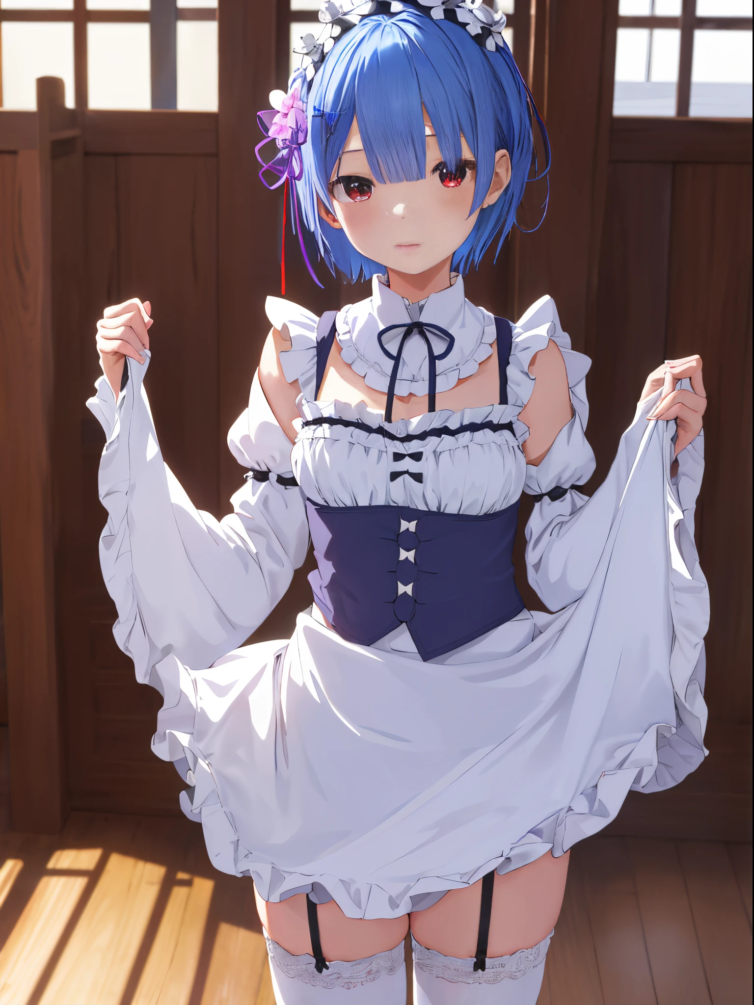 masutepiece, Best Quality, hight resolution, ram1, 1girl in, Solo, Remu \(Re:Staynight\), Blue hair, white thighhig, Short hair, Red Eyes, Hair over one eye, Ribbon trim, Hair Ribbon, X Hair Ornament, frilld, Maid headdress, Waist apron, garter strap, a black ribbon, medium breasts, cleavage, Long sleeves, White Apron, Neck ribbon, Purple Ribbon, Wide sleeves, Hair Flower, Indoors, Spread your legs、Show your pants、Raise the skirt、(((while standing, Lift your skirt to show your panties to the camera)))、(((Lift the skirt bigger and bigger,、Show your panties to the camera)))