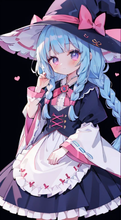 1 girl in、((Esbian for the whole body、A Worthwhile Picture))、high quality image、tmasterpiece、topquality、light-blue hair、Side braids、(1 braid)、pink eyes、Dressed as a witch、Kawaii、Witch's Hat、[[[[Cat's ears]]]]、Background with décor