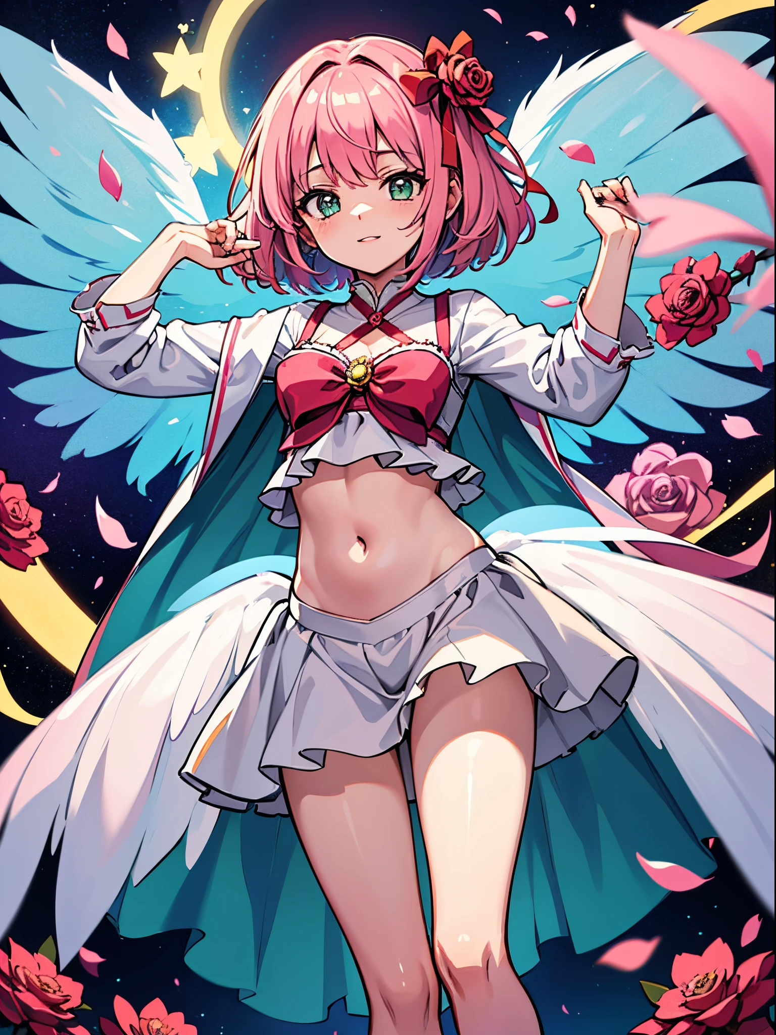 magical  girlまどか☆マギカ　　Madoka Shikame　A pink-haired　bright pink color　short-hair 　big red ribbon　The ribbon is tied at the back、校服　magical littleEye color is green　sitted, Open your legs　mature_female, YorForger, jewely, looking at the viewers, Dent, abyss, chies, Catholic, angelicales,Leprechaun,kosmos, kirakira, Holo, mary, Grint, gradients, Overlay, Shadow, gland, florals, Glitter flowers,  (wingspan),, lower back, a navel, , foggy, Pink roses,