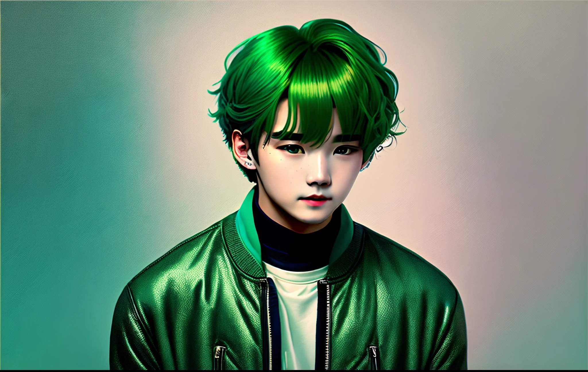 Min Yoongi de BTS rokero, chaqueta de cuero, cabello despeinado, cabello de color verde menta