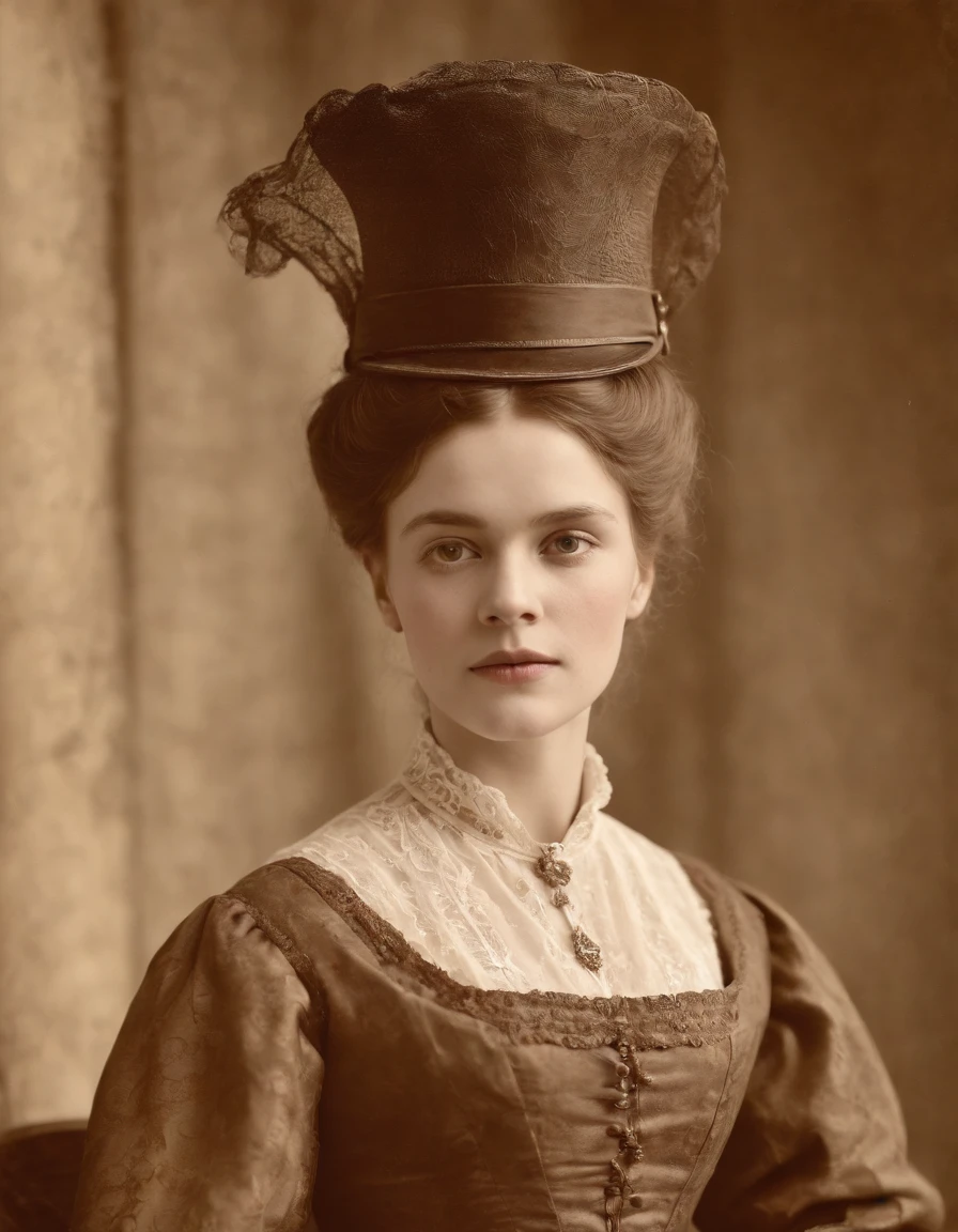 an old photo of a woman in a dress and a hat, aged photo, 1800s photo of a deformed, face in focus 1 8 9 0's, vintage closeup photograph, unknown location, very old photo, 1 8 8 0 s photograph, photo of young woman, victorian photograph, photo of a woman