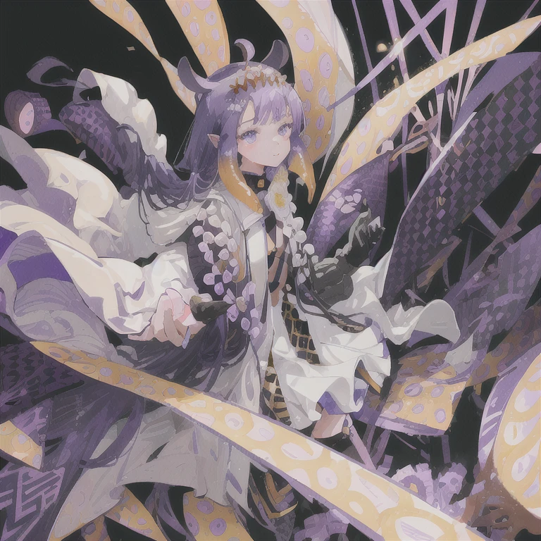 (Figures: Ninomae Ina'nis), {purple hair}, tentacle hair, violet eyes, golden tiara, {{Masterpiece}}, Best Quality, extremely detailed CG unity 8k wallpaper, Cinematic lighting, lens flare, beautiful detail eyes, side glance, colorful light, Particles, A girl, 独奏, extreme close up portrait,