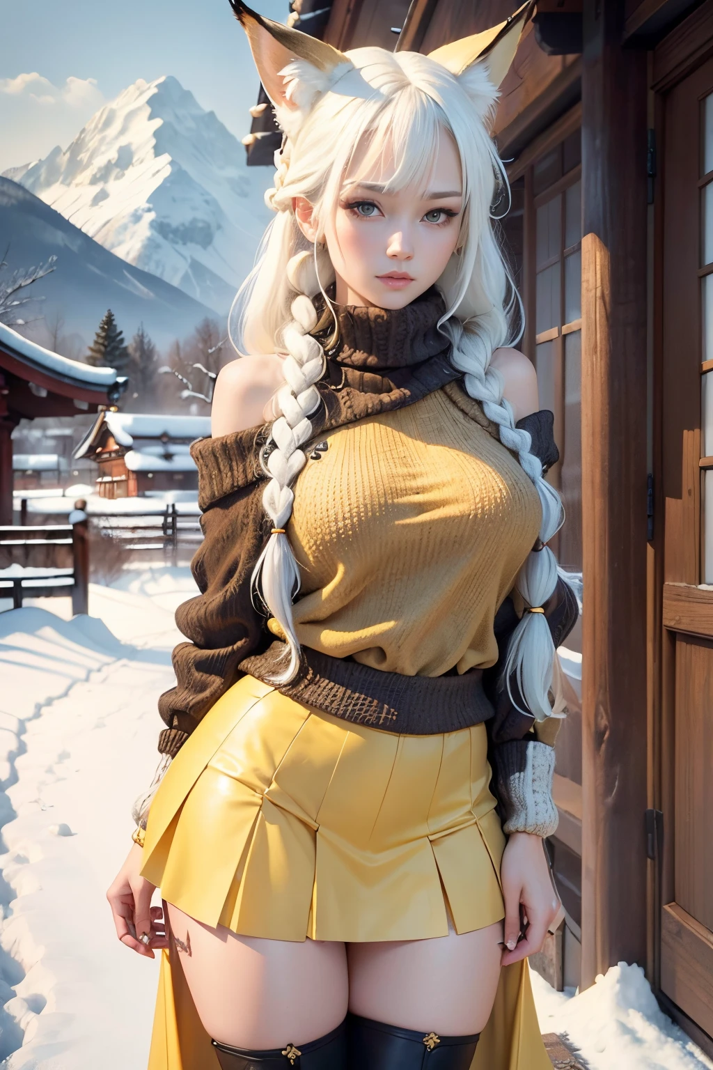 (best quality, 4k, 8k, highres, masterpiece:1.5), 1girl, ultra-detailed, detailed face, detailed lips and eyes, realistic in the Style of Boris Vallejo,
BREAK, BLARKY beautiful caucasian woman with very long straight white hair, (yellow eyes:1.3), (white hair:1.4), fair skin, expressive face, attractive appearance, animal ear fluff, animal ears, extra ears, fox ears, fox girl, fox tail, long hair, bangs, hair between eyes, medium breasts, (braid:1.3), hair over shoulder,
BREAK Chunky Knit Sweater Dress, A knee-length sweater dress in warm, earthy tones like rust or mustard, Chunky knit texture for a cozy feel, Pair with knee-high boots and a (pink knit beret) for a chic look, (panties),
BREAK (skirt lift:1.5), (((Lift up your skirt and show your panties))),
BREAK, snowy japanese village, vibrant colors, soft natural light, traditional japanese architecture, serene atmosphere, peaceful, calm, delicate snowflakes, beautiful snow-covered roofs, icy streets, pond with koi fish, (majestic mountains in the background), thin layers of frost on tree branches, traditional Japanese gardens covered in snow, stunning sunrise over the village