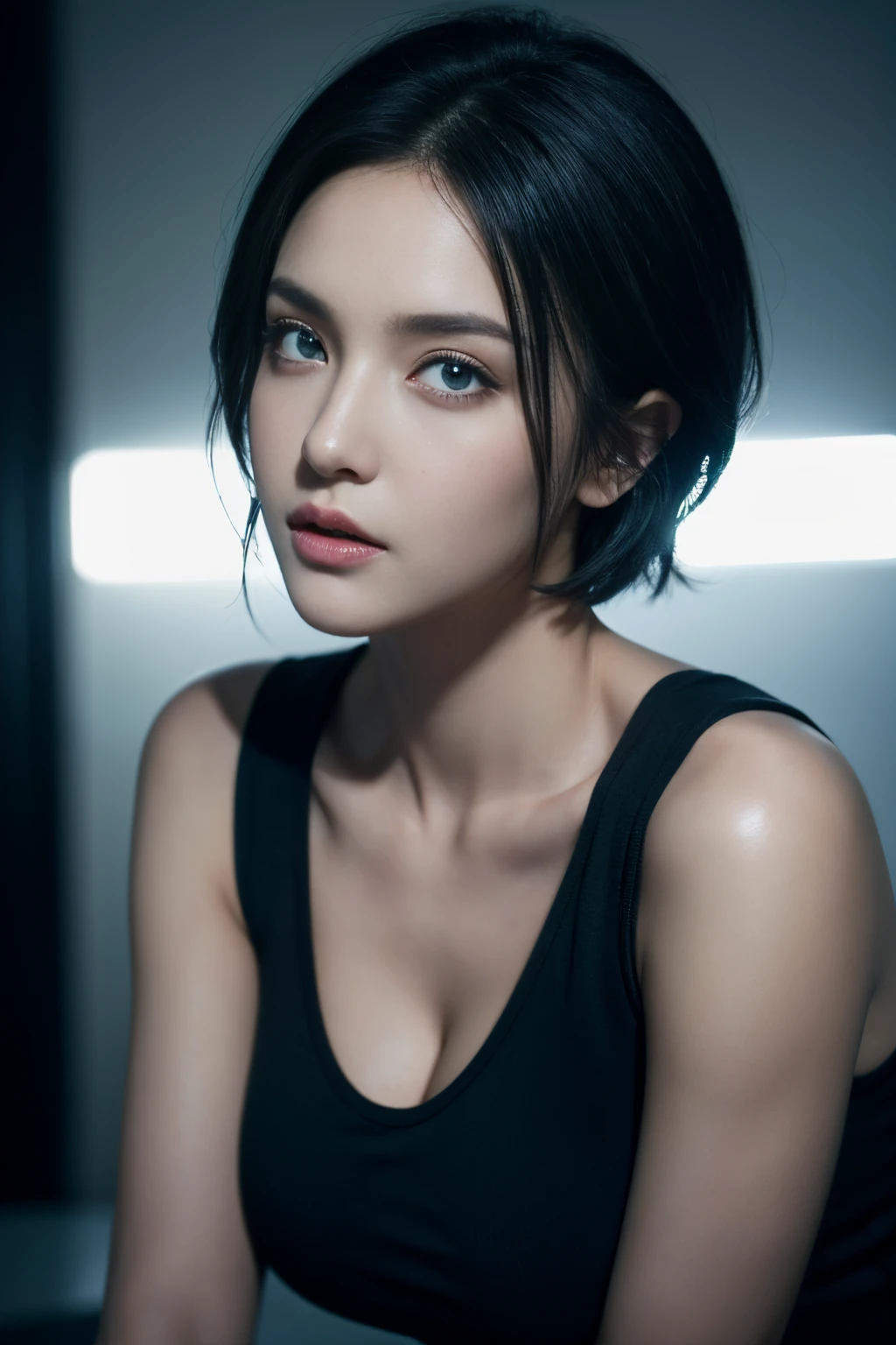ultra high res,masterpiece,best quality, perfect glossy shiny skins, perfect lighting, detailed lighting, dramatic shadows, ray tracing, 1girl, black sweater, looking at viewer, off shoulder, Big breasts, Exposed cleavage, blue Eyes, sharp face, sharp eyes, long bangs, short cut hair, nsfw, Moles under the eyes, Mole on the mouth, ((Dark background)), oversized hoodie, Wearing a black hoodie, Wearing an ugly black hood, wet (sweaty, soaking wet),