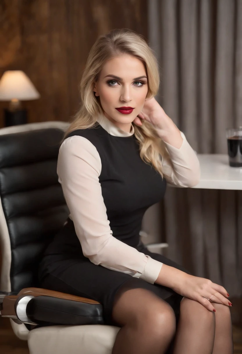 (2 Frauen:1.5 ) langes, gewelltes blondes Haar, big tits, lange sexy Beine, schwarze Strumpfhose, schwarzer Rock, schwarze High Heels, White blouse, Diamant-Halskette, Office chair, full-body shot, Kaffeebecher, Klassenzimmer, Tafel-Hintergrund, seductive