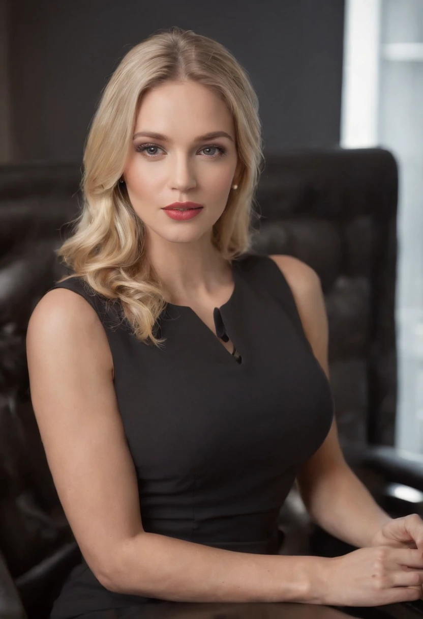 (2 Frauen:1.5 ) langes, gewelltes blondes Haar, big tits, lange sexy Beine, schwarze Strumpfhose, schwarzer Rock, schwarze High Heels, White blouse, Diamant-Halskette, Office chair, full-body shot, Kaffeebecher, Klassenzimmer, Tafel-Hintergrund, seductive