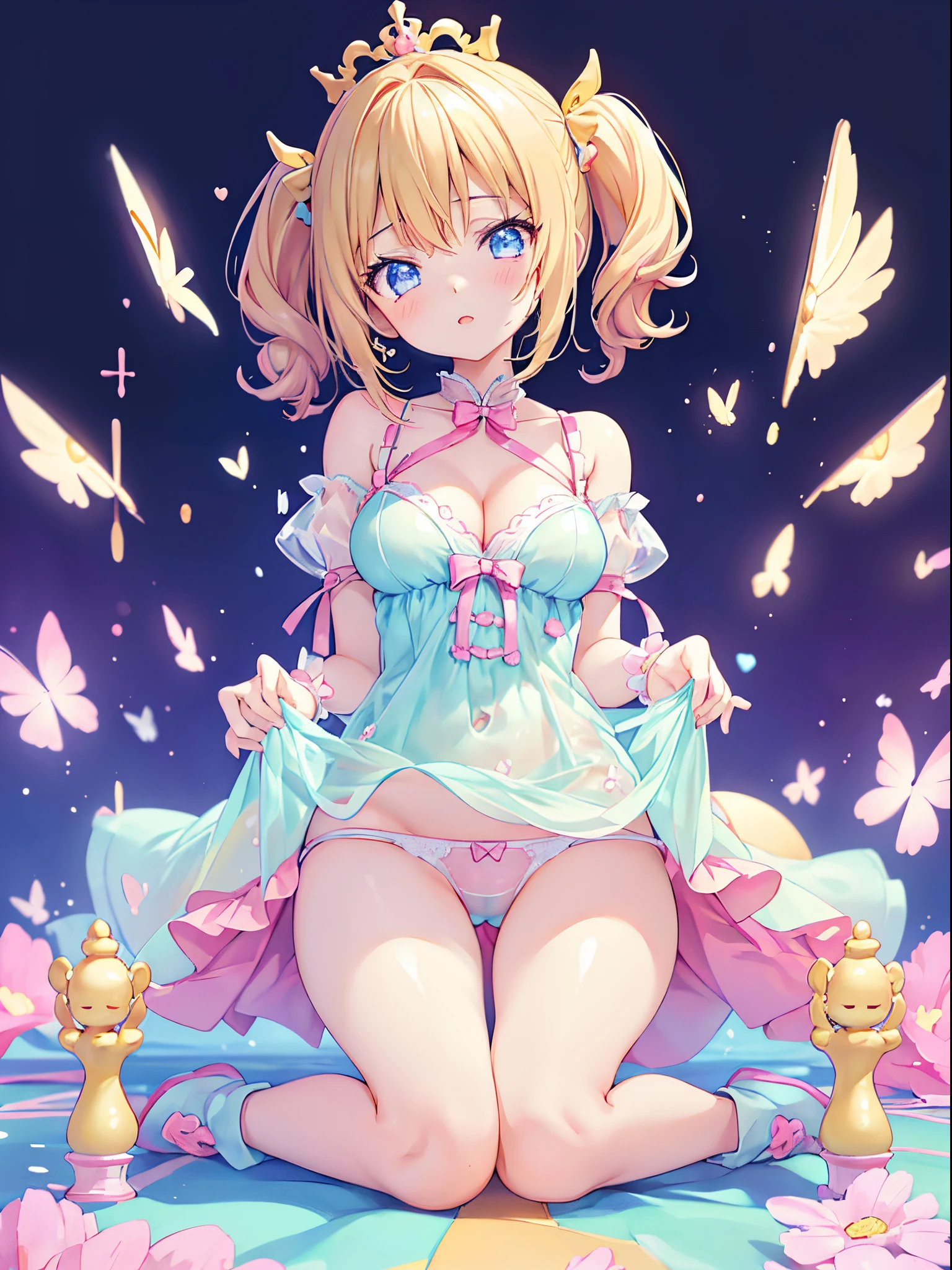 masutepiece, (2 girls and 2 girls), longing, closeup cleavage, Big eyes, Kawaii Tech, kawaii, Cute, Pastel colors, Best Quality, cheerfulness, Deep background, Symmetrical, Head Tilted、、、、、1girl in, lightsmile, Shiny skin, Best Quality, masutepiece, (Game CG:1.4), NSFW, Detailed beautiful face and eyes,爆乳、Lingerie with a small area, large full breasts、 (See-through panties:1.2),、、, the anime girl is crouching, beautiful anime girl squatting, Bending over, highly detailed giantess shot, , bottom shot, turned around、