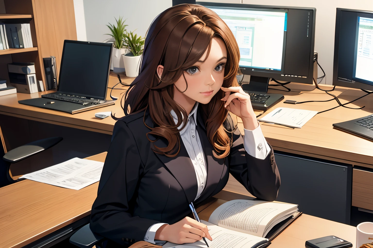 Office lady working on a computer at her office desk、1girl in,  Oblique view of the face,  brown curly hair