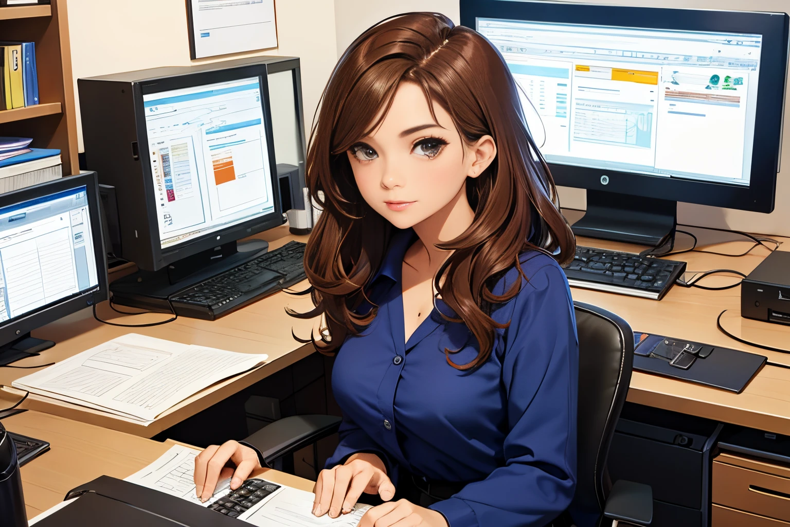 Office lady working on a computer at her office desk、1girl in,  Oblique view of the face,  brown curly hair