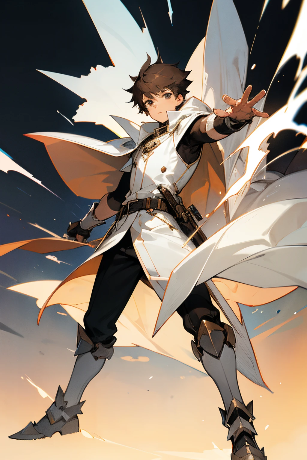  boy, deep gray eyes, short spiky brown hair, dressed in a white cape with tan trim, scattered composition, animecore, digitally, enhanced, eye-catching, looking directly at the viewer, full body, pose, no Blur, VFX