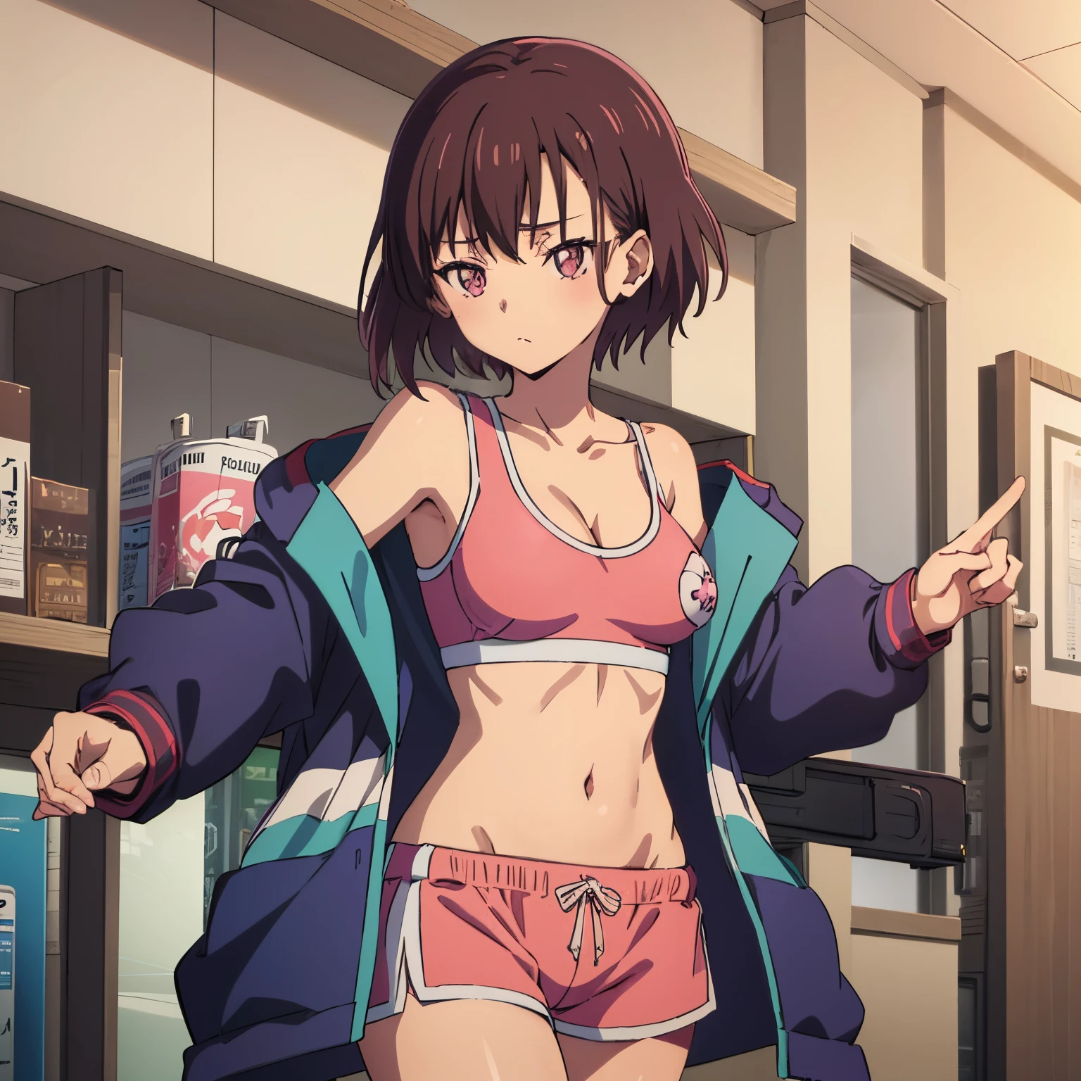 (((Masutepiece))), Crescent Shizuka mikazuki, 1girl in, only, Looking at viewer, short hair, brown hair, pink eyes, long sleeves, cleavage, medium breasts, medium waist, medium hips, wide thighs, mouth closed, collarbone, jacket, Open your clothes, Open jacket, blue jacket, land vehicle, sports bra, pink bra, sports shorts, short pink shorts, Bicycle,