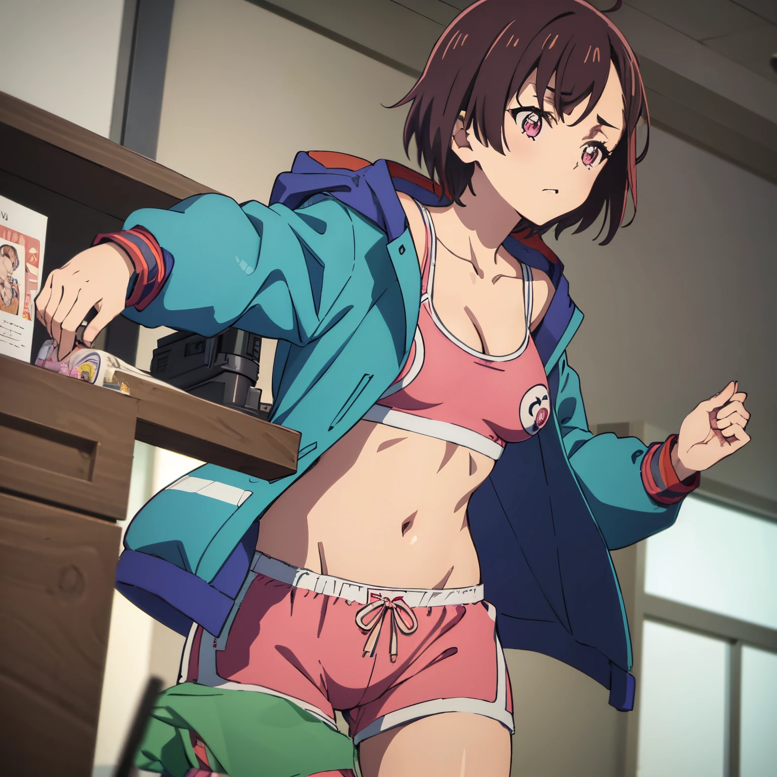 (((Masutepiece))), Crescent Shizuka mikazuki, 1girl in, only, Looking at viewer, short hair, brown hair, pink eyes, long sleeves, cleavage, medium breasts, medium waist, medium hips, wide thighs, mouth closed, collarbone, jacket, Open your clothes, Open jacket, blue jacket, land vehicle, sports bra, pink bra, sports shorts, short pink shorts, Bicycle,