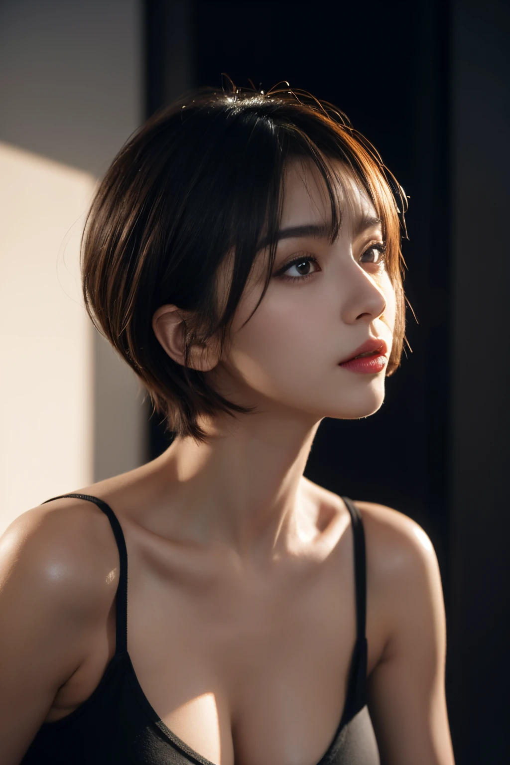 Best quality, masterpiece, ultra high res, (photorealistic:1.5), raw photo, 1girl, in the dark, deep shadow, low key, cold light, sexy look, short hair, swimsuit