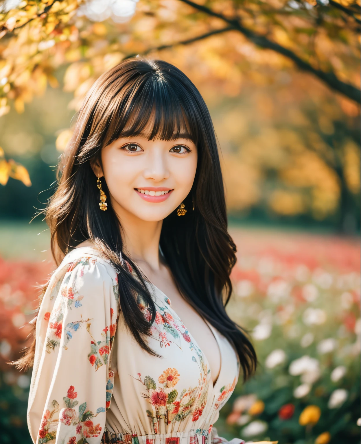 ((Masterpiece)), 8k, Masterpiece, Best Quality, 1 Girl, Solo, Realistic, Autumn Garden, Photorealistic, Super Detailed, Detailed Background, (Solo: 1.4), Wearing Colorful Dresses, Happy Facial expression, slender body, realistic highly detailed long hair, intricate details, masterpiece, highest quality, waist shot, ((colorful flower field background)), smile, ((looking at camera)), earrings, black long-hair, asymmetrical bangs , natural breasts,