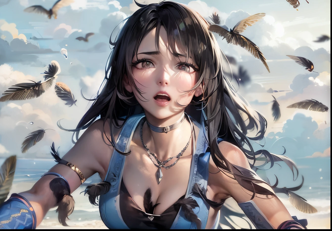 (masutepiece), A sexy、Natural light, Photorealistic, Cameltoe, diffuse glow, depth of fields, big eye、Black eyes、Black feathers flutter、Sadness look、Blue sweater、Black inner、Black semi-long hair、Sunset background、profetional lighting、cloudy sky on purple background、a necklace、Must have black eyes、Big eyes、Asian Beauty、