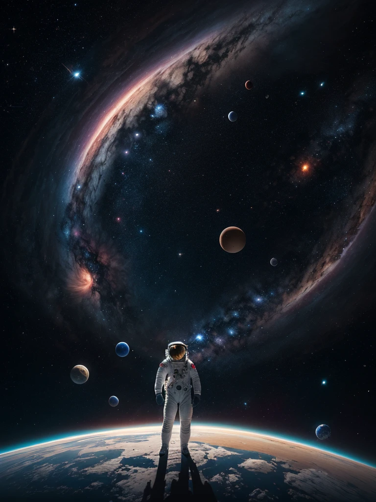 A picture of an astronaut surrounded by planets,Space travelling, cosmic space, lonely astronaut,Space-themed, space astronaut, 4K highly detailed digital art