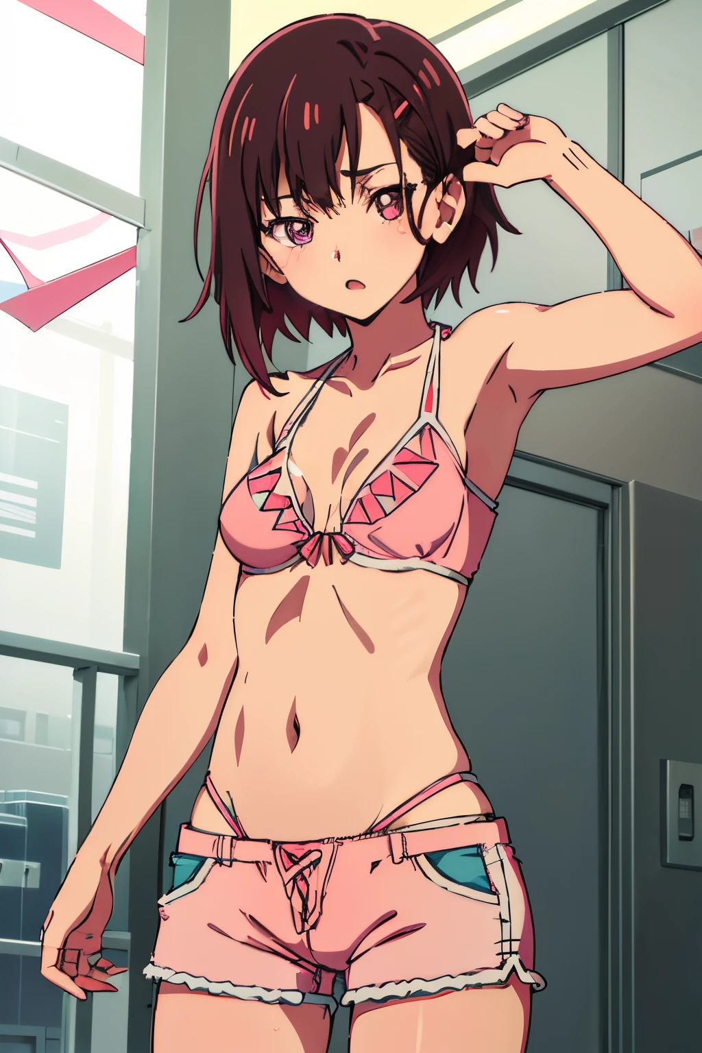 2d, Masutepiece, highest quality, shizuka mikazuki, Animation, very detailed, A girl, only, short hair, brown hair, pink eyes, Hairpin, (((Triangle Bikini Shorts)))(pink bikini with white lines ), (((jean shorts))), pink bra, bra with white lines,, Raise both hands, apart, Mar
