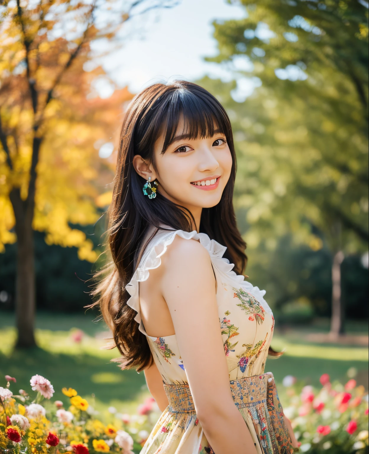 ((Masterpiece)), 8k, Masterpiece, Best Quality, 1 Girl, Solo, Realistic, Autumn Garden, Photorealistic, Super Detailed, Detailed Background, (Solo: 1.4), Wearing Colorful Dresses, Happy Facial expression, slender body, realistic highly detailed long hair, intricate details, masterpiece, highest quality, waist shot, ((colorful flower field background)), smile, ((looking at camera)), earrings, black long-hair, asymmetrical bangs , natural breasts,