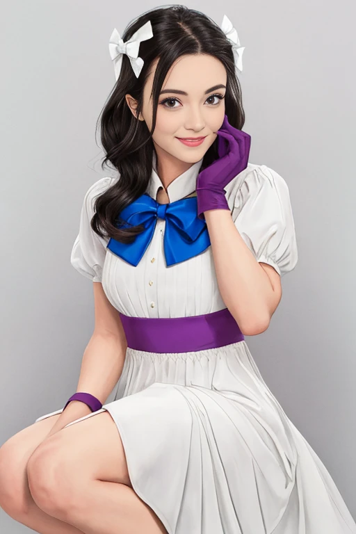 Korean,Realistic, masutepiece, Final details, photographrealistic, intricate detailes, Octane Rendering, 8K, 1girl in, Full body perfect face, Beautiful face, nffsw, Trough reference, Detail Hair,, Black bow, Black Gloves, Black paws, Blue eyes, Blue hair, Bow, 鎖骨, Dress, Drill Hair, frilld, frilld, gloves, Gwen, Head dress, hight resolution, Long hair, Parted lips, Puffy sleeves, Purple eyes, Smile, Solo, White Dress, Oil skin,