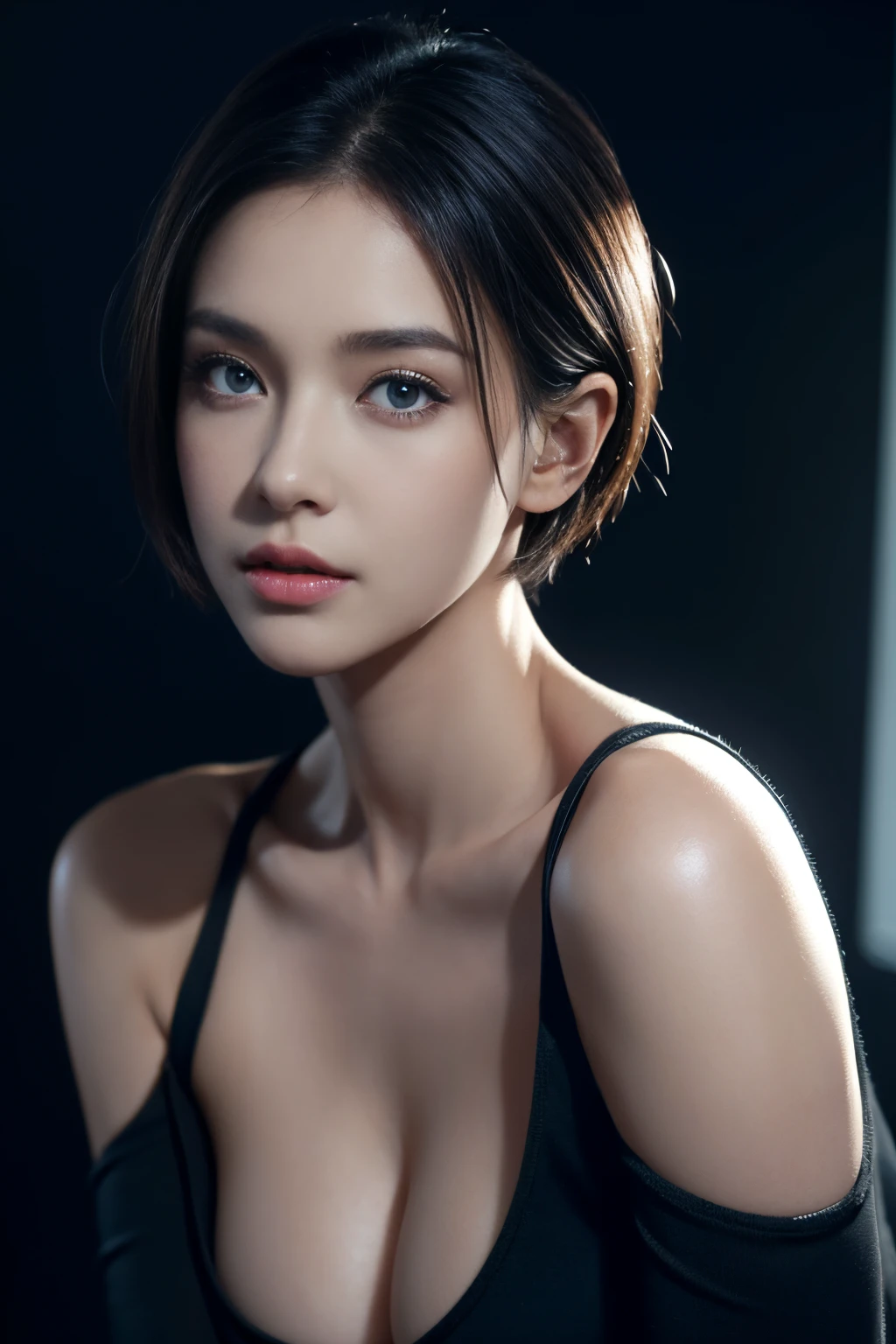 Skin Tight Black Top:1.2, Looking at Viewer, Cinematic lighting, Perfect, softlight, High resolution skin:1.2, Realistic skin texture, Realistic face, off shoulders, Exposed cleavage, Blue eyes, Short hair,