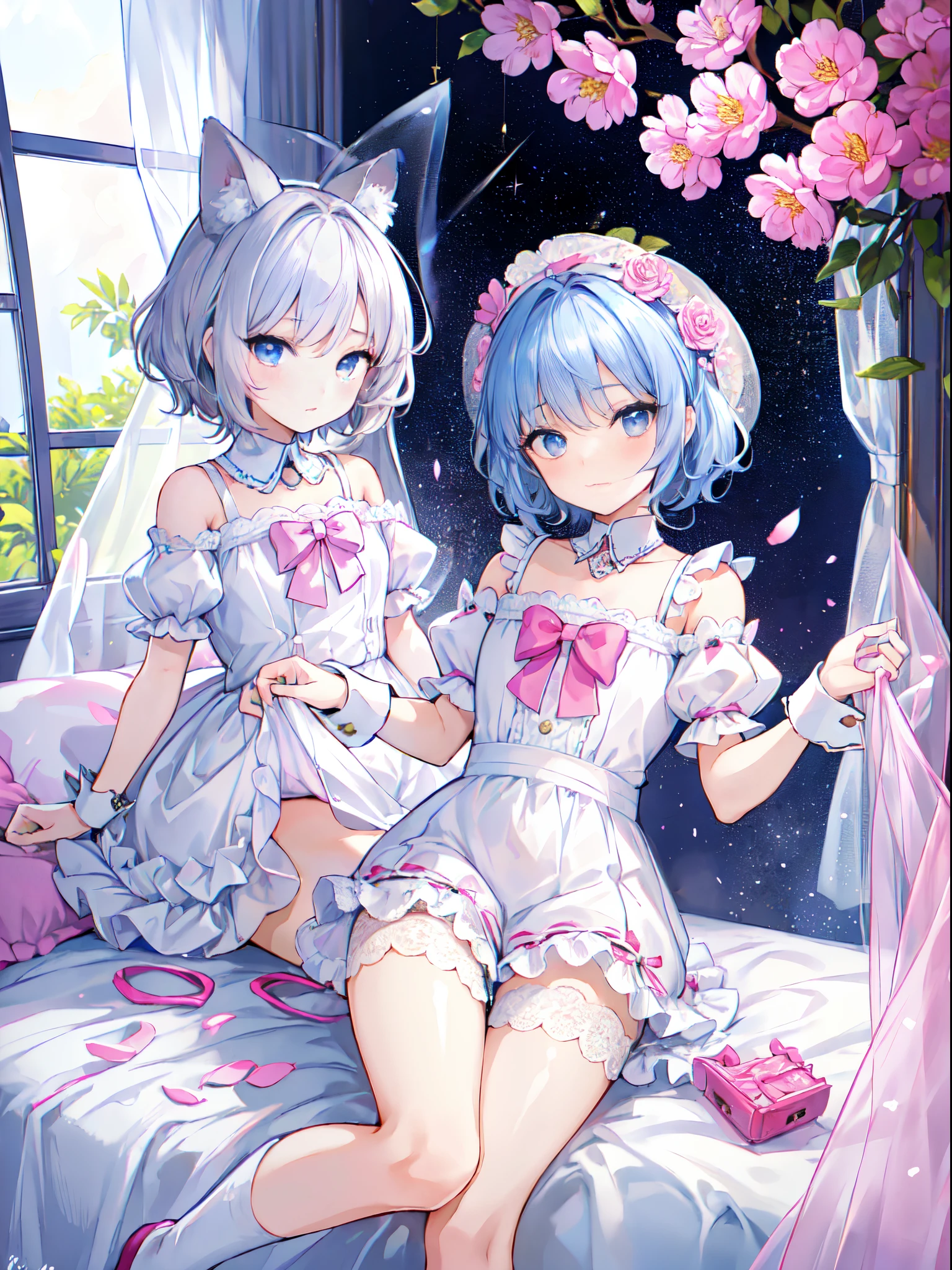 absurderes,(​masterpiece、top-quality、8K ),intricate detailes,ultra-detailliert、1 cute beautiful boy、embarrassed from、silber hair、Pattsun bangs、Short hairstyle、Blouse with white frills、White shorts、white knee highs、On the bed、Cute stuffed rabbit、Large white lace pillow、pink curtain、Bay window、Flowers in a vase、hyper realistic,perfect anatomy