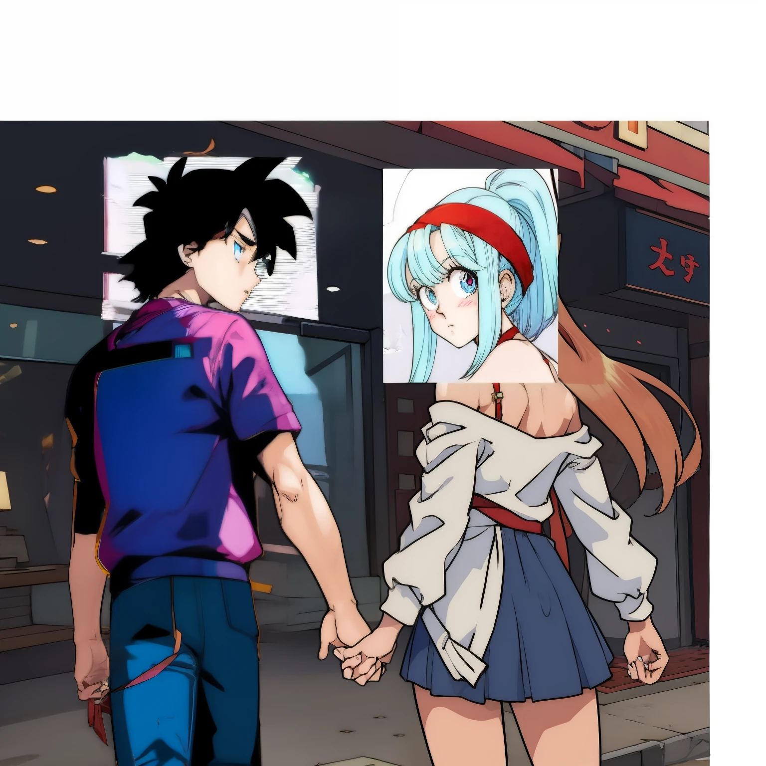 Boy looking back, roupas casuais, holding girlfriend's hand
