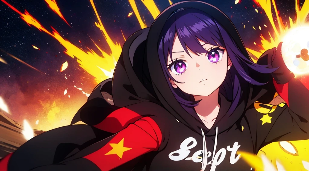 Vtuber sorprendido, hoodie negro, cabello negro con brillo morado, ojos con brillo de estrella, manos abiertas, fondo verde, efectos de manga, onomatopellas manga de explosion, war squad, risa, bullets, sparks, electric lights