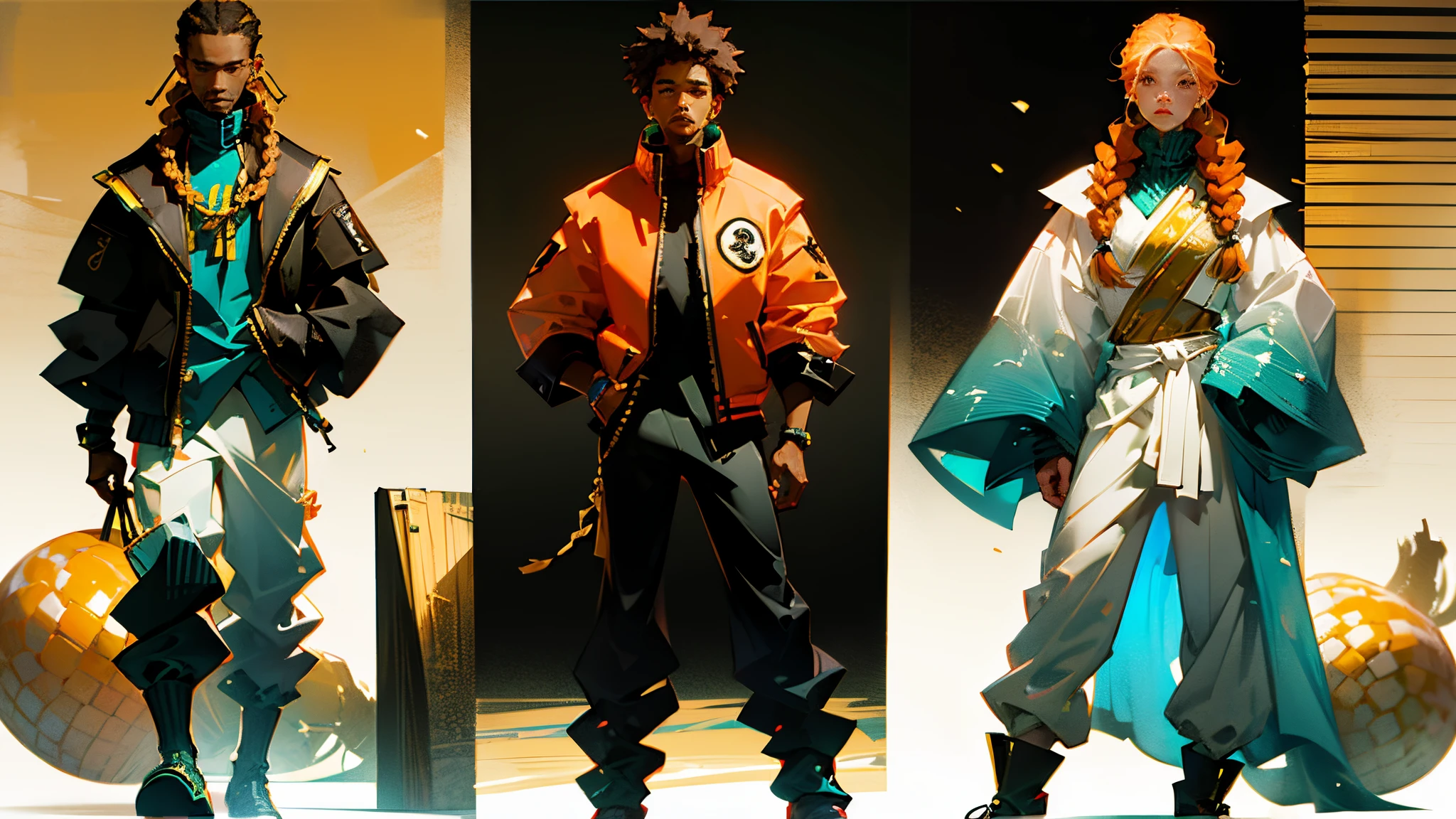 6'0 human, african american, male, corn row braids, amber orange hair, clothes, full body shot, arms facing down, facing directly at the camera, standing upright. against a plain white background. anime --auto --s2