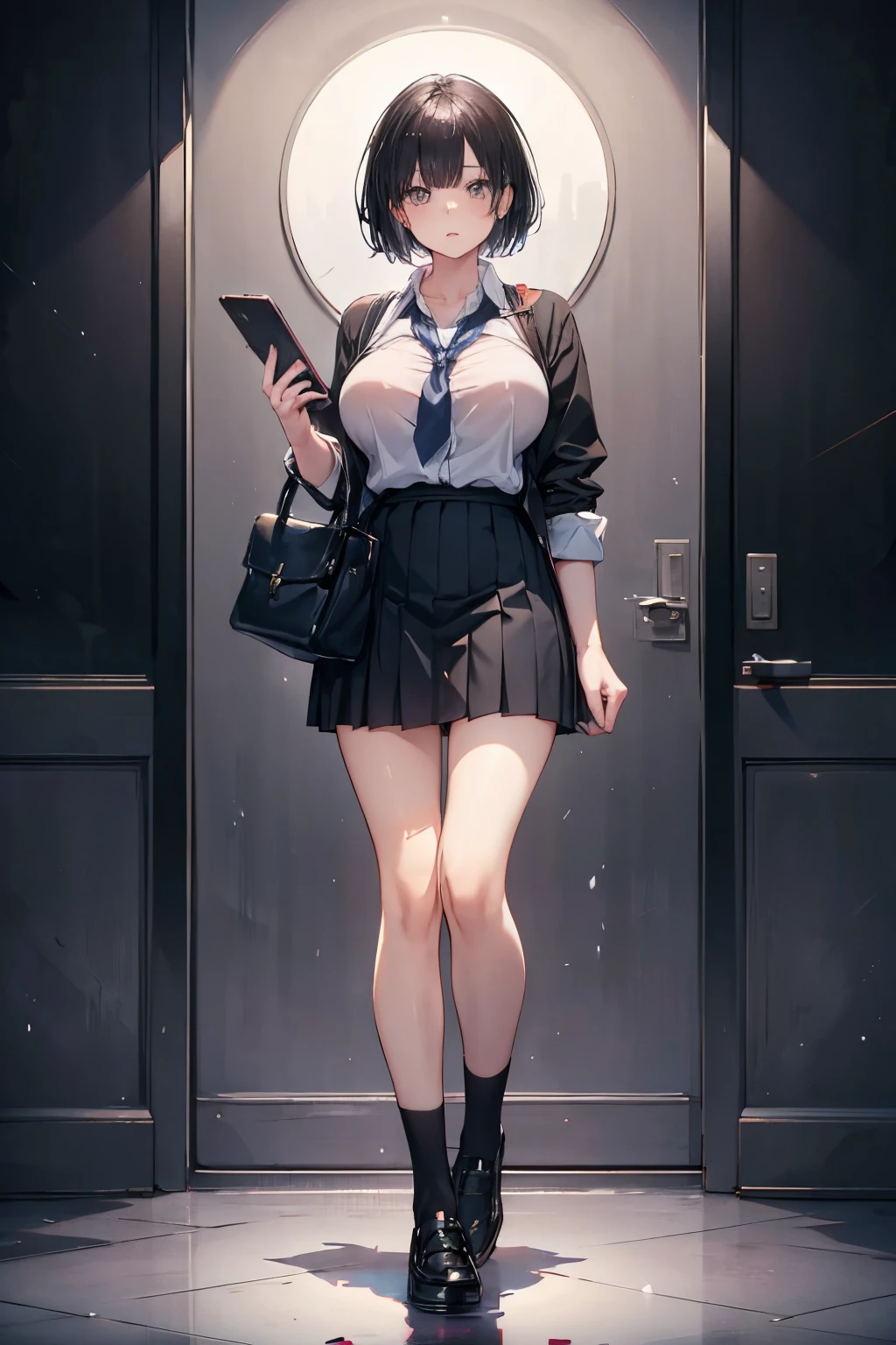 Female student in casual clothes，huge tit，Wear a short skirt and shirt，black color hair，A surreal schoolgirl，highly detailed character，woman wearing skirt and shirt holding purse，Standing full body portrait