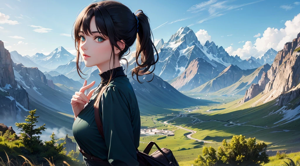 1 woman with dark hair, green eyes, beautiful face beautiful eyes, pony tail, blue dress, nature mountains, masterpiece, high quality
