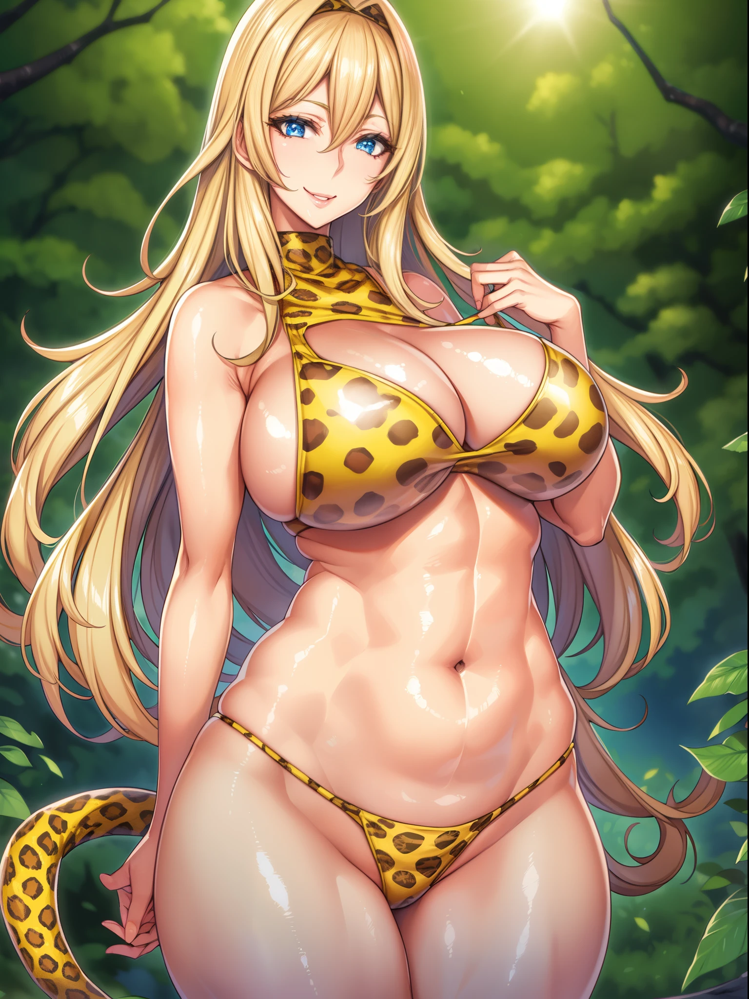 Best Quality, 16K resolution, NSFW, Anime style,ultra-detailliert, hard disk, Beautiful tall and young 24〜28-year-old woman, with long blonde hair, Wearing a sleeveless yellow leopard print micro bikini, super gigantic breast , puffy niples, Breasts are protruding, Fit body, Natural muscular body, Jungle Woman, seductive and sexy, Affectionate and beautiful face, Sincere and happy smile, Happy face with seductive and sexy expression, detailed super oily shiny skin, Daytime, Standing, dense woods, Sexy Pose, Cowboy Shot, close up, Looking at the viewer, Detailed face, Detailed blue eyes, detailed hairs, Alone, Solo, 1 girl, Portrait