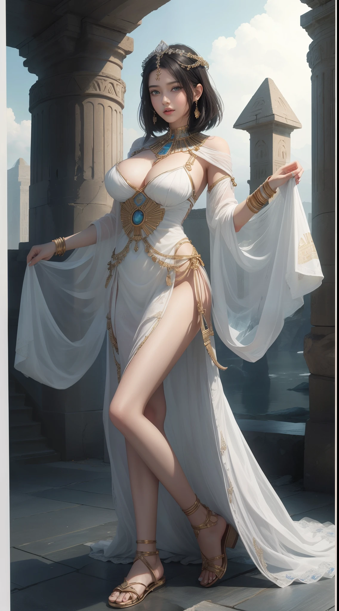 tmasterpiece,Highest image quality,Beautiful full body portrait of noble ancient egyptian girl,Delicate black hairstyle,Short hair tied up,clear sea blue eyes,Ancient Egyptian white clothes were simple and elegant,(sandals,nail art)Ancient Egyptian civilization,pyramid,A desert,ultra - detailed,advanced。At the Pixiv Art Station,Break your own power,Luigi,Big breasts exposing cleavage,R-18G